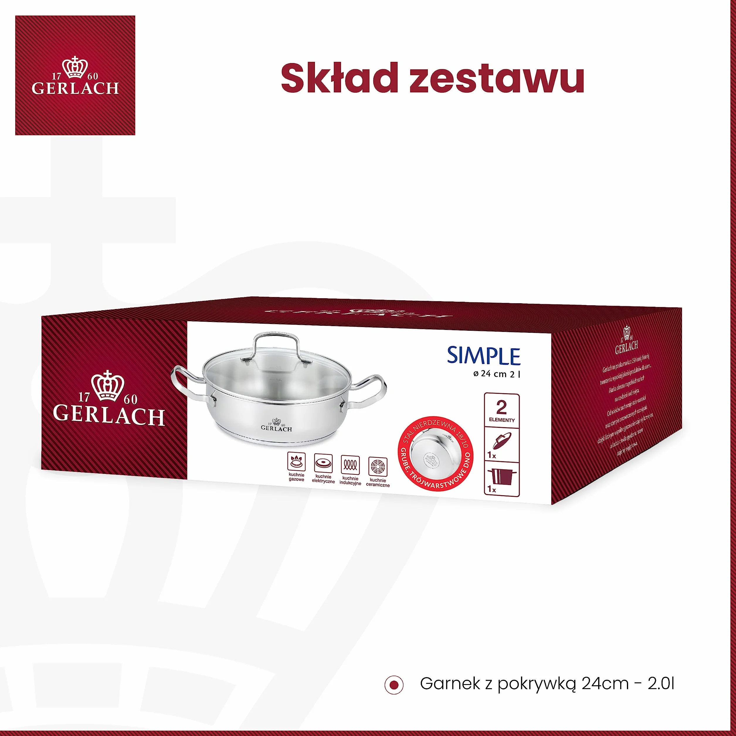 Gerlach Garnek Simple 2L Ze Stali Nierdzewnej Z Pokrywką Ze Szkła Hartowanego Trójwarstwowe Dno Indukcja Kuchenka Gazowa Elektryczna Ceramiczna Piekarnik