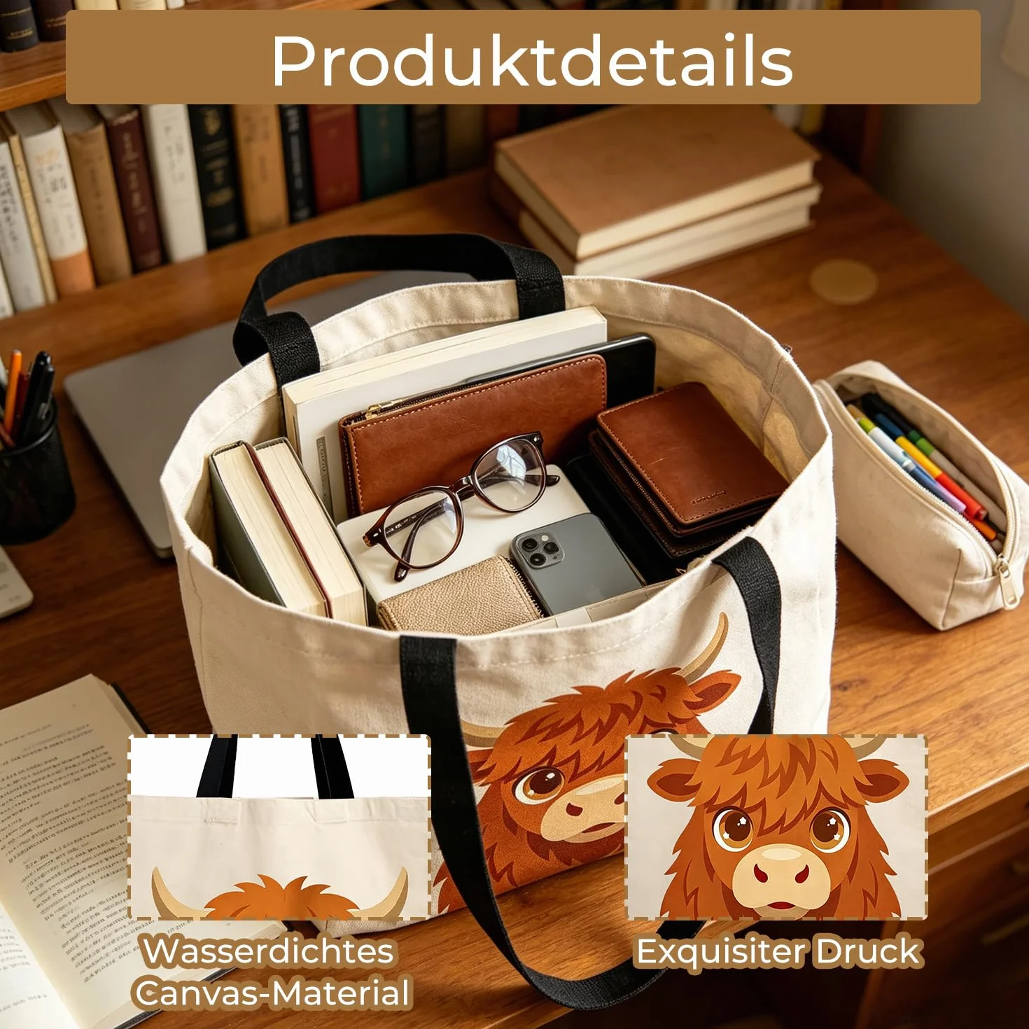 Onperpoe Torba materiałowa Highland Cow torba jutowa z nadrukiem z zapięciem na magnes, torba materiałowa Canvas Tote Bag szkocka wołowina górska torba na zakupy krowa Highland Prezenty Torba do