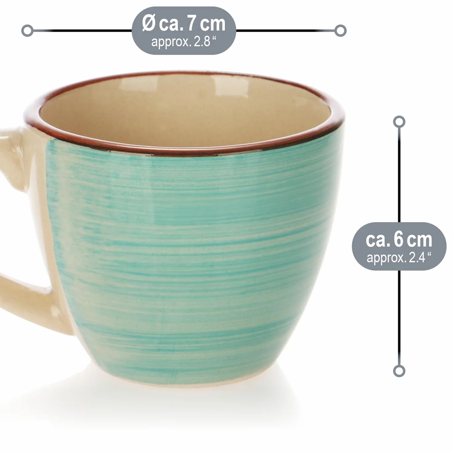 COM-FOUR 6 x filiżanki do espresso, ceramiczne kubki mokka, małe filiżanki do kawy, 125 ml (06 sztuk) - zielony/pomarańczowy/różowy/niebieski/żółty/szary