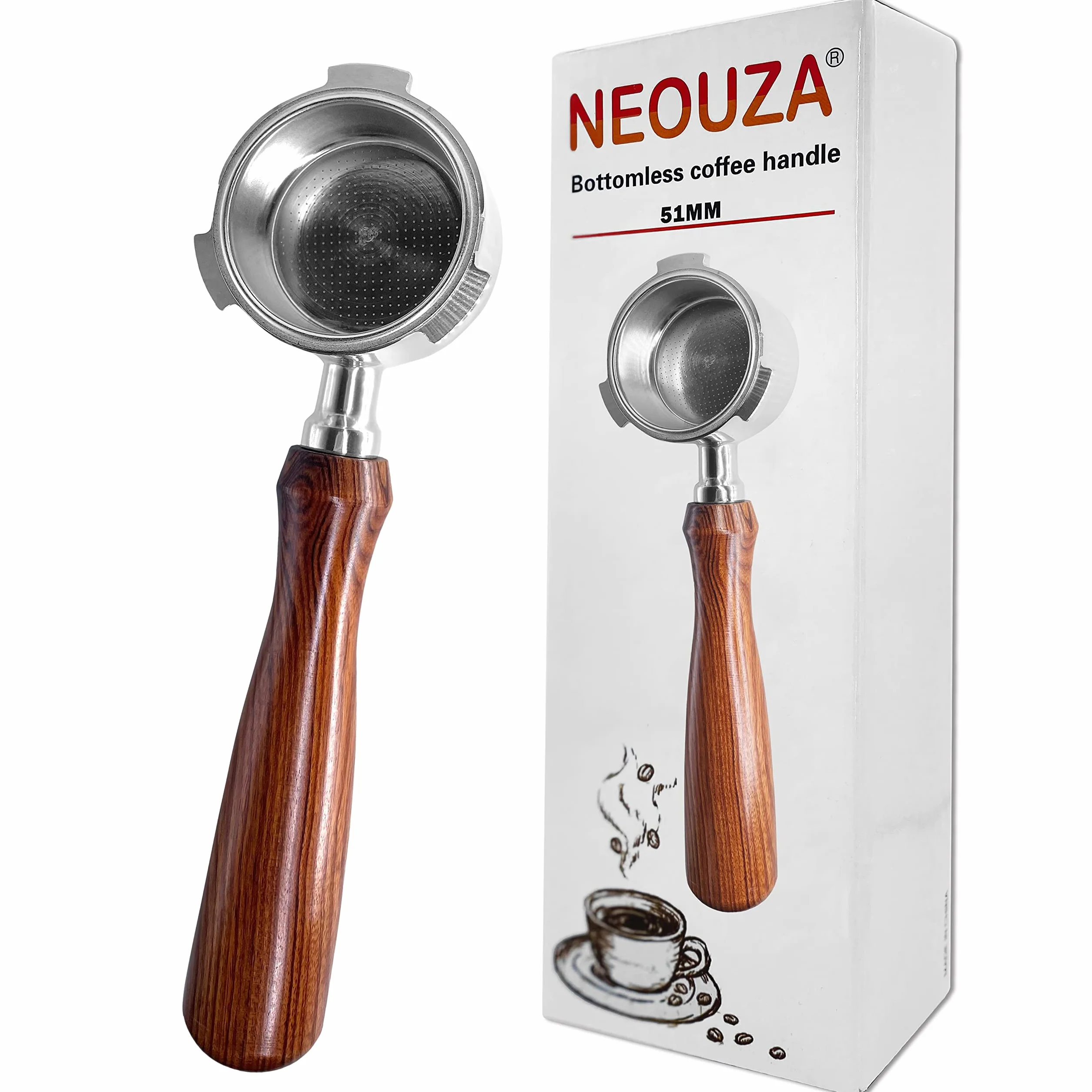 NEOUZA Espresso Portafilter bez dna 51mm Kompatybilny z DeLonghi Dedica EC680/EC685/EC785/EC820/EC850/EC860 Ekspres do kawy Smeg, stal nierdzewna, palisander Premium