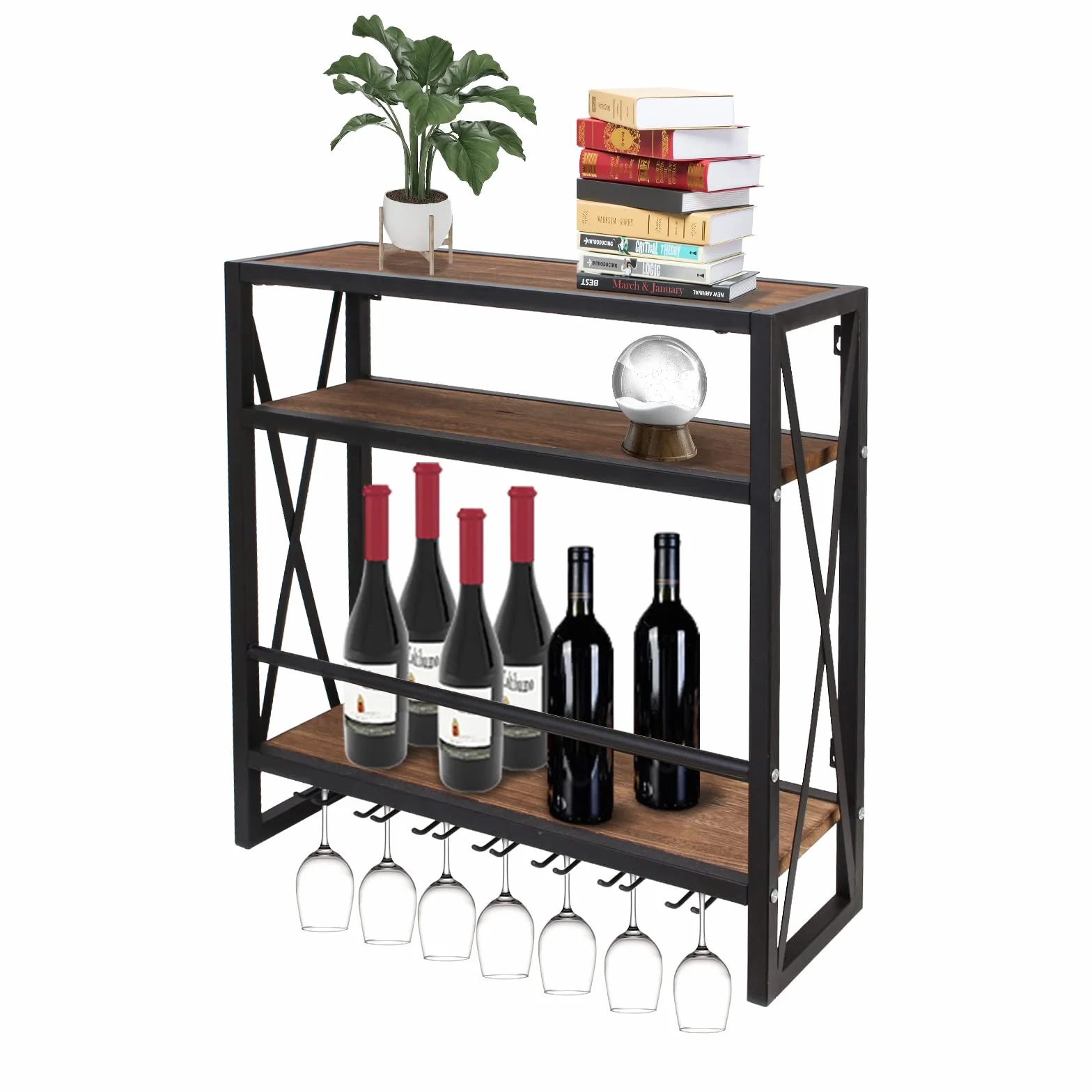 Todeco Naścienny stojak na wino 3-poziomowa drewniana półka metalowa rama 60 cm