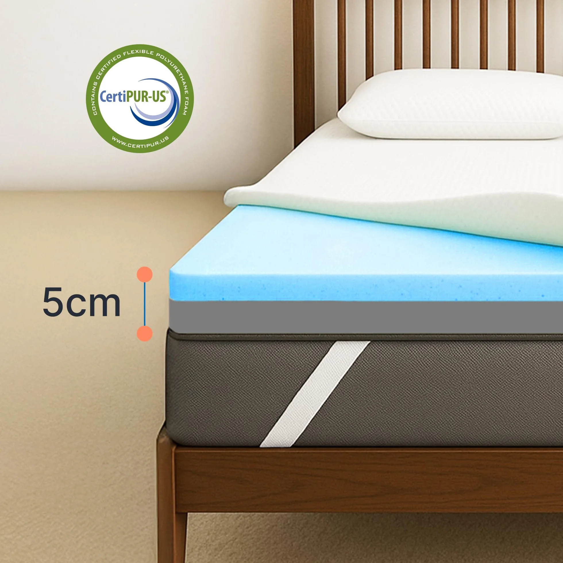 Materac wierzchni 2 w 1 200 x 200 cm – dwustronny żelowy topper H3/H4 z 5-warstwową konstrukcją, siatkowymi bokami i antypoślizgowymi nakładka na materac