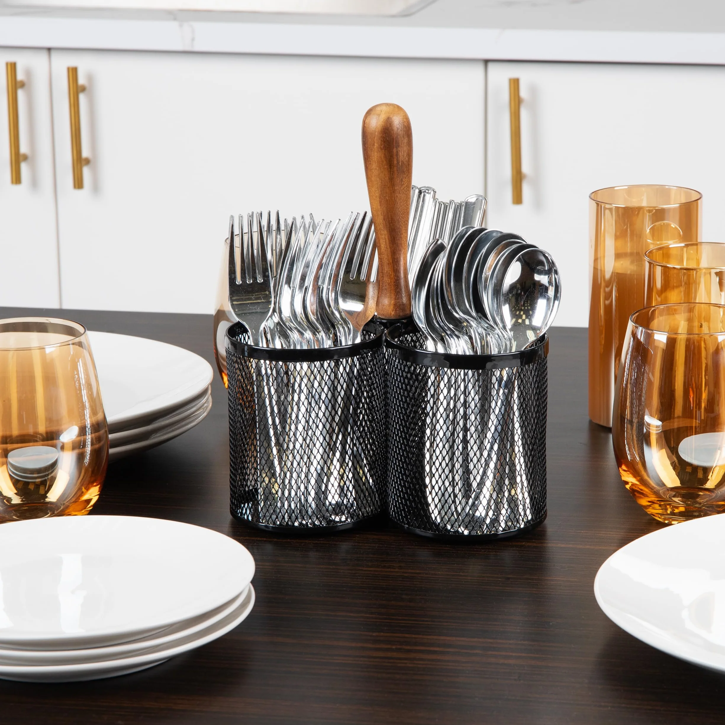 Mind Reader Utensil Holder Silverware Organizer Cutlery Holder Metal Mesh 7.5x7.5x9.75 Inch Black