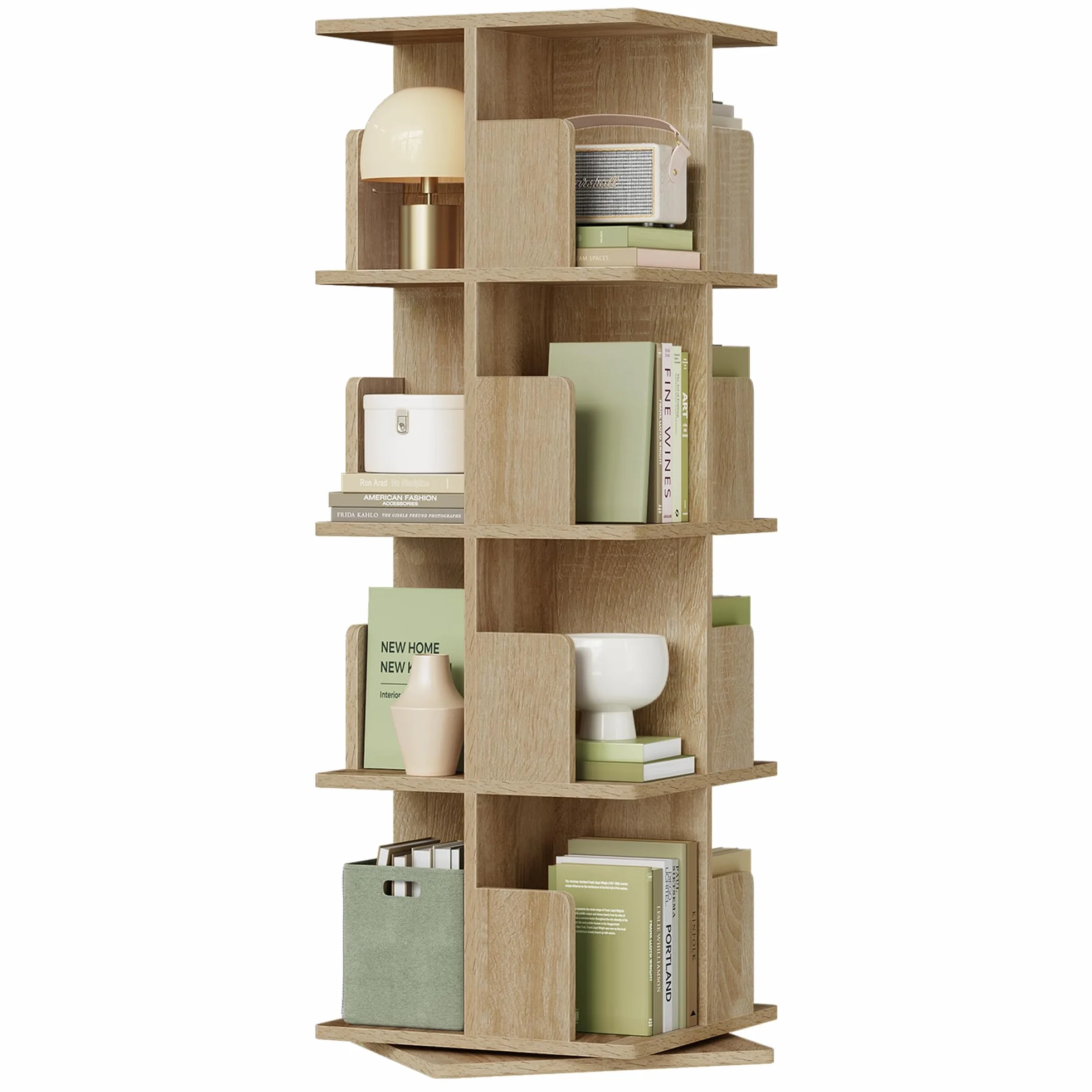 EUGAD obrotowy regał na książki stojący z przegródkami do biura, dekoracyjny, obracany o 360°, 4 piętrowy, z MDF, naturalny, 39 x 39 x 128 cm