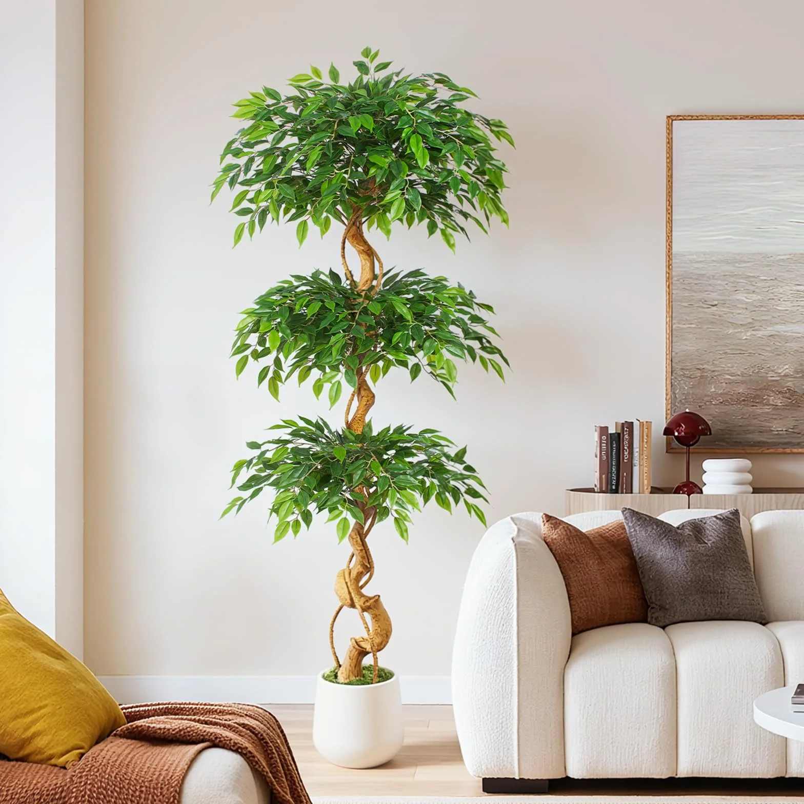 Sztuczna roślina Ficus, 180 cm, z białą doniczką, duże jak prawdziwe, z zakrzywionym pniem i 1860 liśćmi, sztuczne drzewo do dekoracji wnętrz, salonu, sypialni, biura, ogrodu, domu