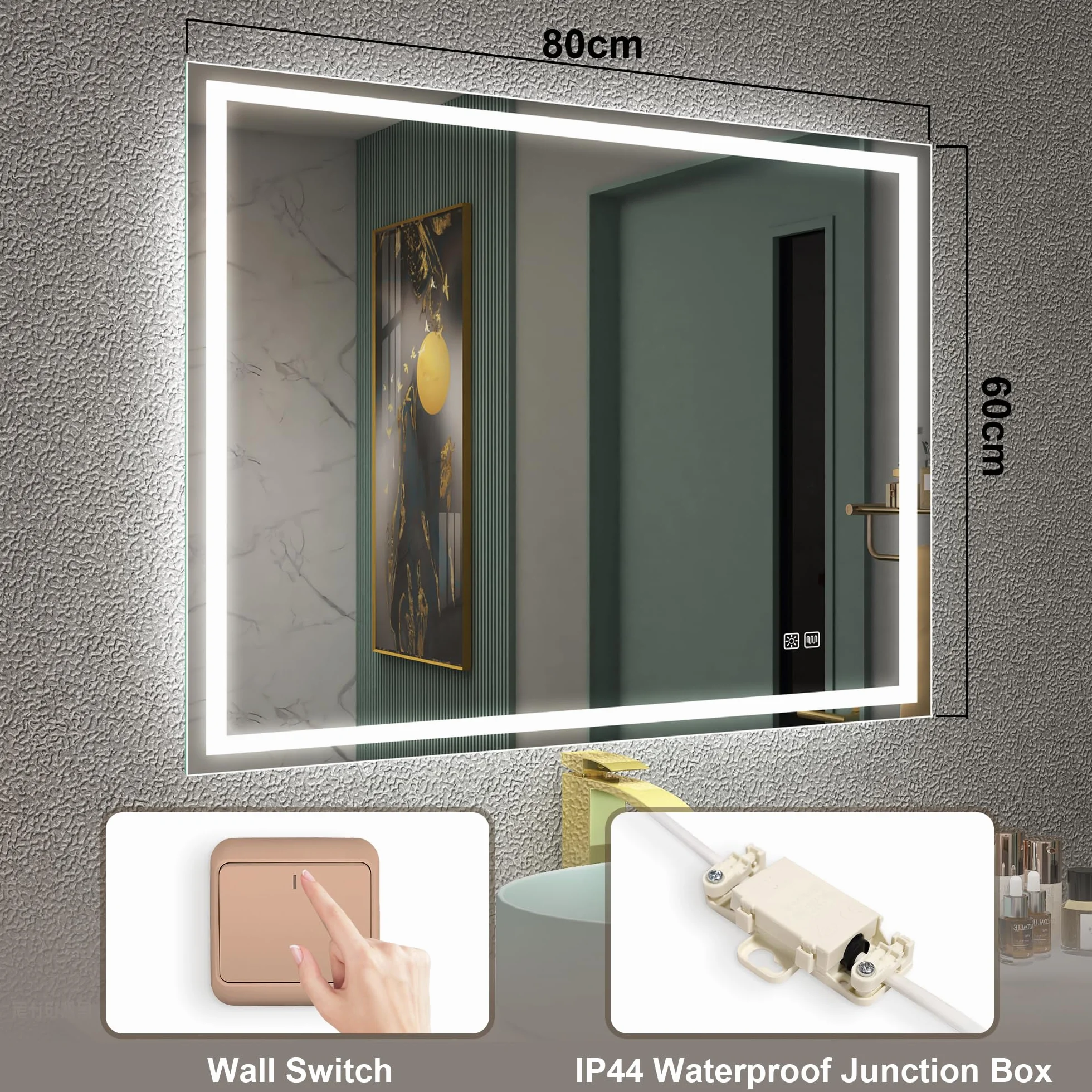 STARLEAD Lustro LED łazienkowe 60x80cm 3 kolory światła przeciwmgielne ściemnialne IP44 szkło hartowane