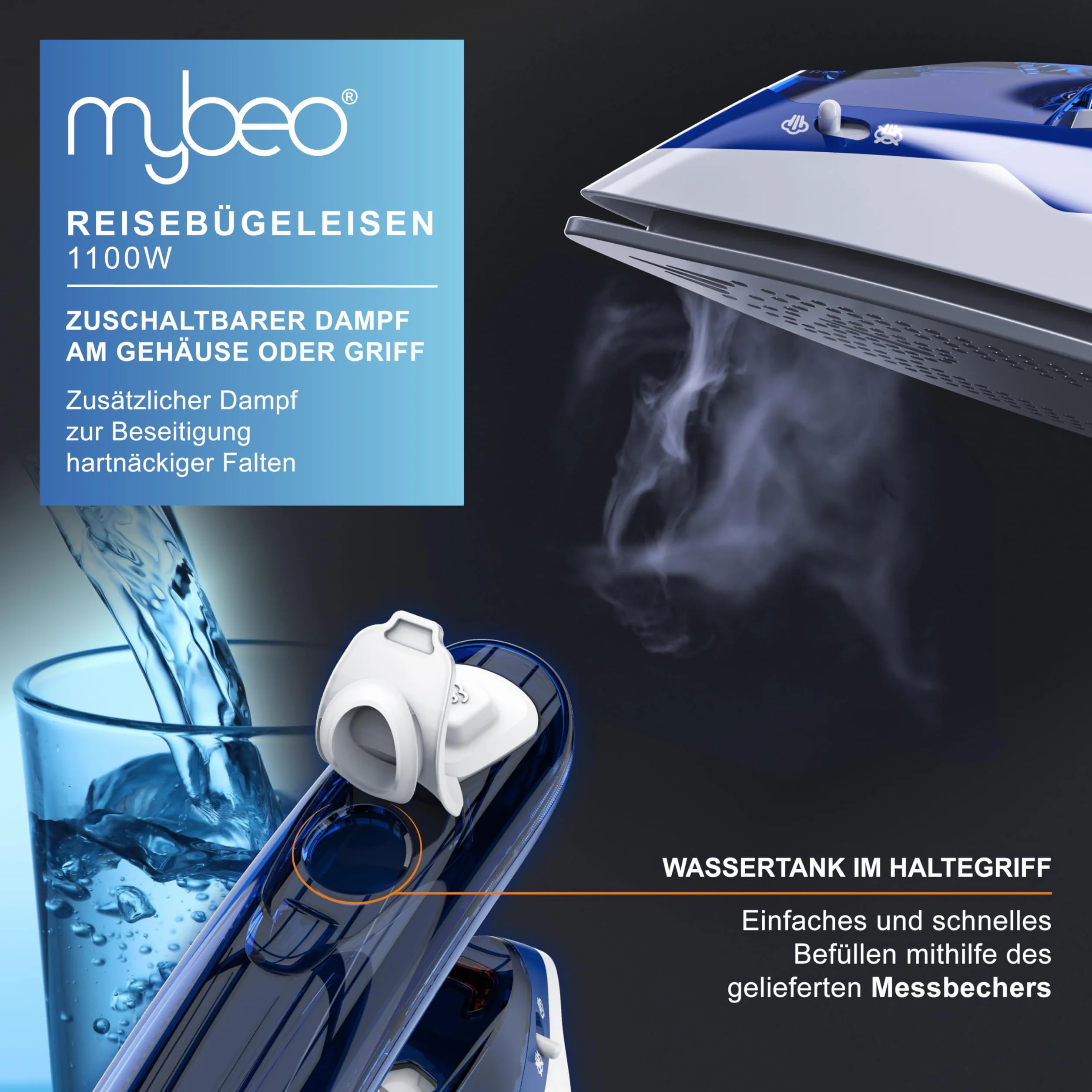 MyBeo – żelazko turystyczne 1100 W – żelazko parowe – Dual-Voltage 110/230 V – mini żelazko z nieprzywierającą stopą żelazka – 3-stopniowa regulacja, składane żelazko podróżne, małe i lekkie