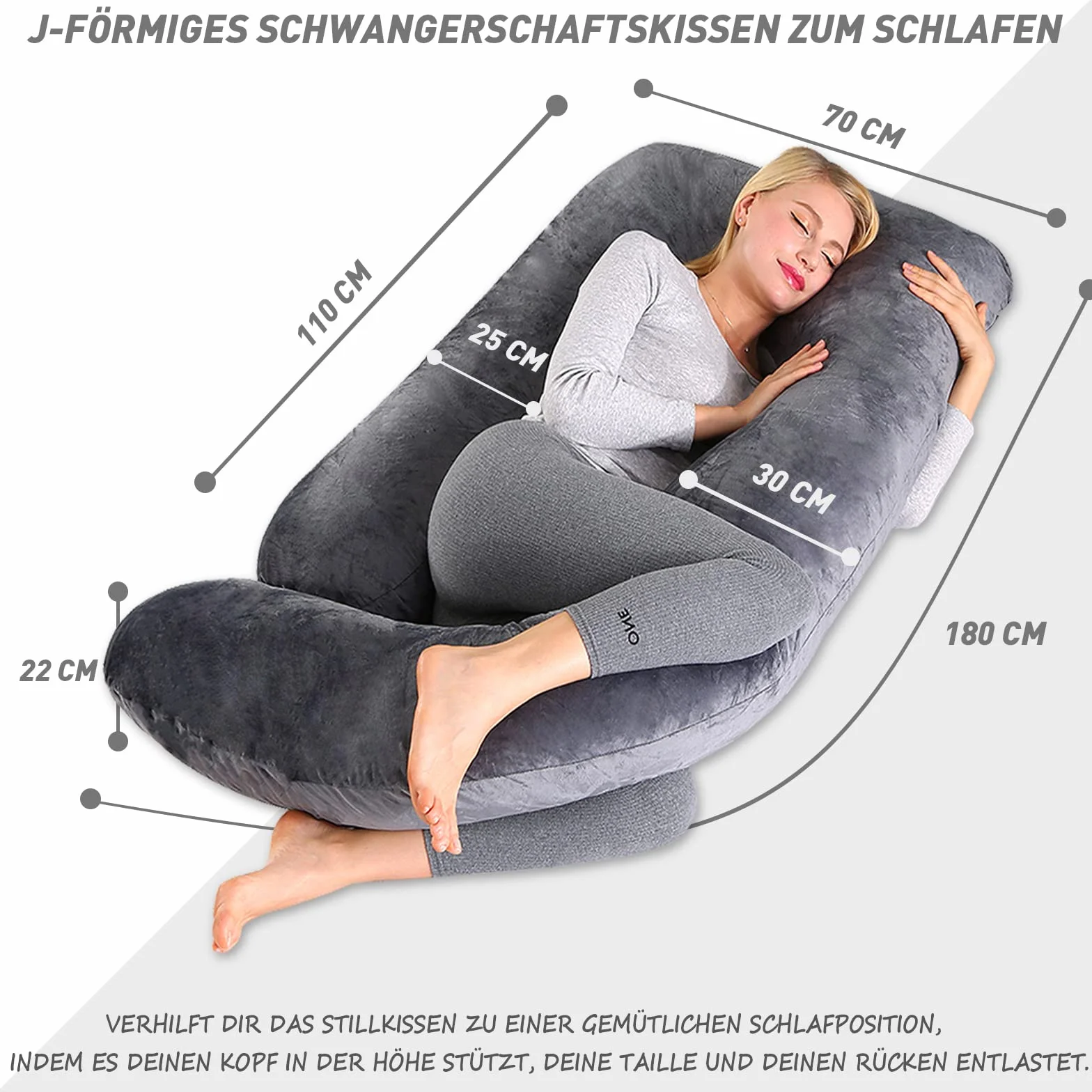 CALIYO Poduszka ciążowa w kształcie litery J, poduszka do karmienia XXL, poduszka do spania na boku z poszewką, poduszka Pregnancy Pillow i komfortowa poduszka dla dorosłych, wyściółka z bawełny