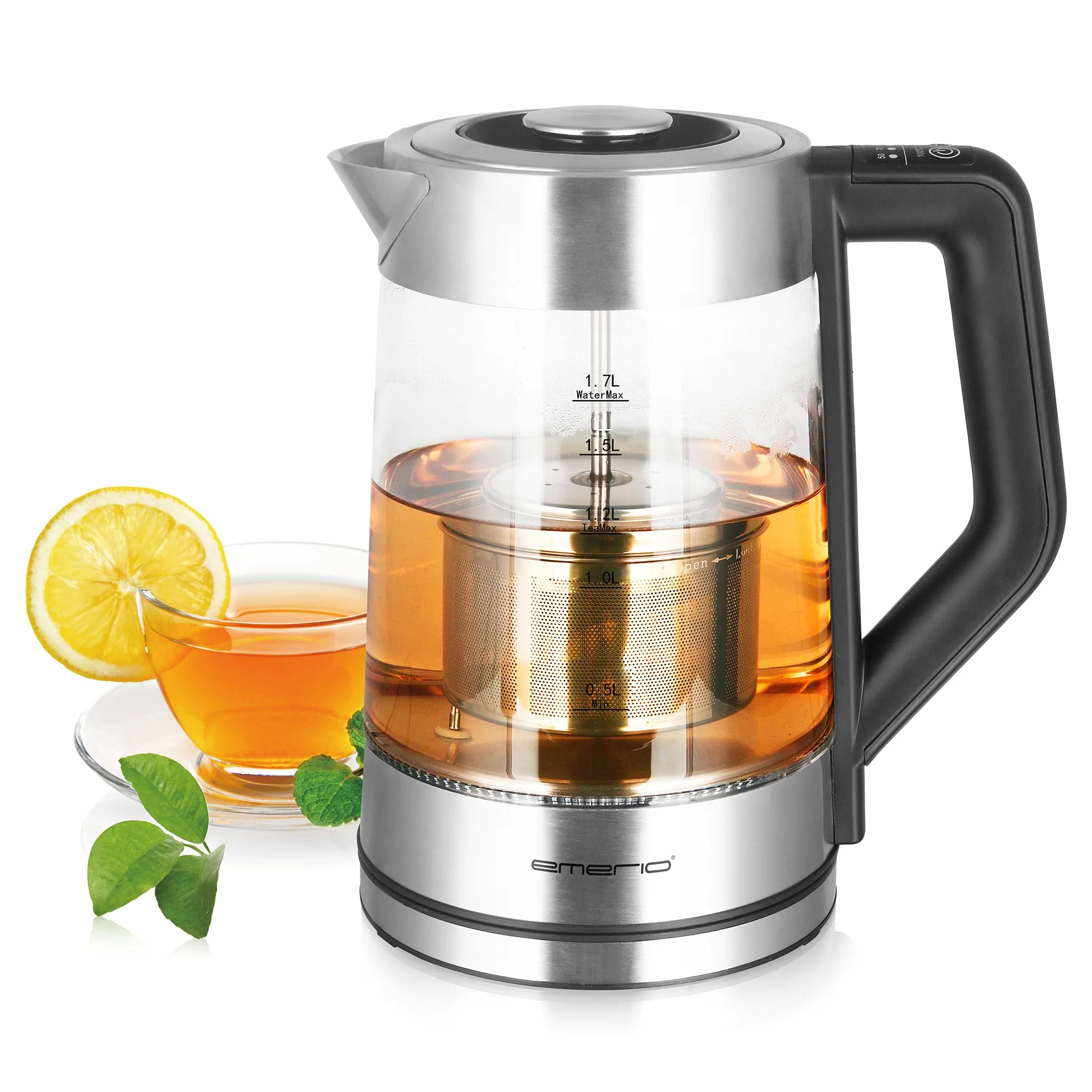 Emerio WK-122730 szklany zaparzacz do herbaty z wyborem temperatury 50-100°C, czajnik, sitko ze stali nierdzewnej, szkło borokrzemowe, BPA free