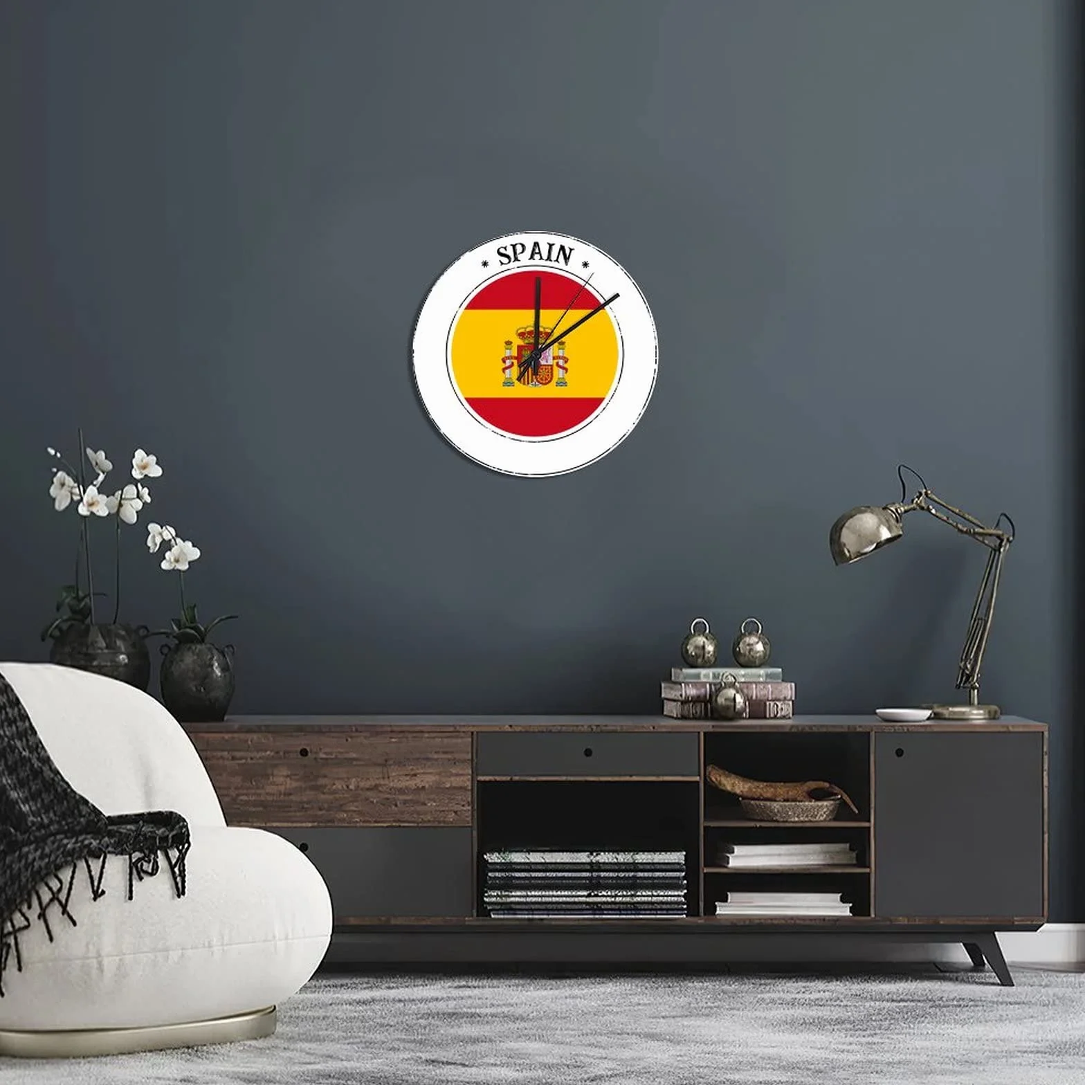 Hiszpania zegar ścienny Hiszpania flaga narodowa zasilana na baterie cichy nietykający zegar 25 x 25 cm do domu kuchni łazienki sypialni salonu dekoracja