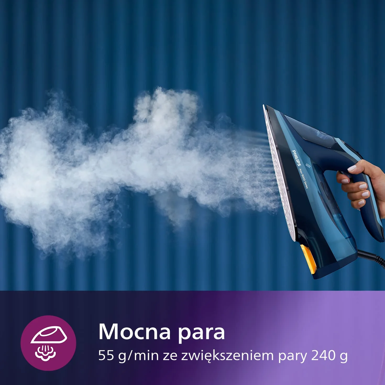 Philips Żelazko Parowe Azur z Serii 8000-55 g/min Ciągłej Pary, 240 g Steam Boost, 3000 W, Technologia OptimalTEMP, SteamGlide Elite, Light Blue (DST8020/20)