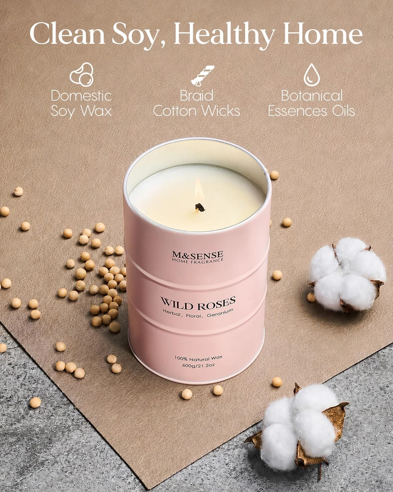 M&SENSE ŚWIECA ZAPACHOWA - Dzika Róża | Naturalny Wosk Sojowy 600g | 120h Palenia | Romantyczny Prezent na Walentynki