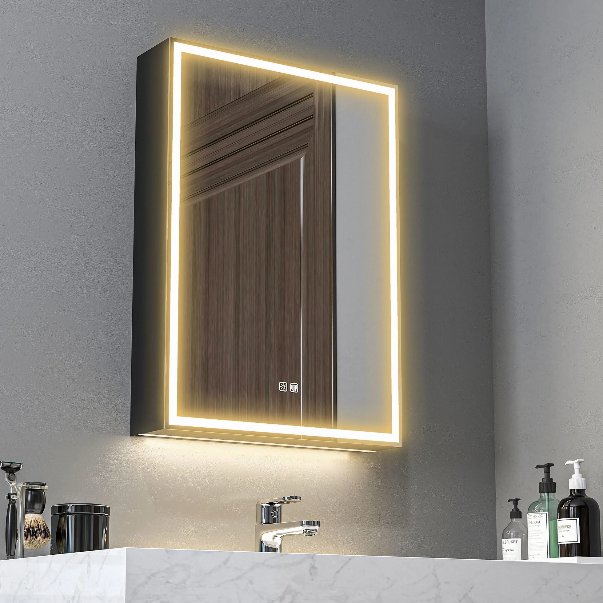 HOMCOM Szafka łazienkowa z lustrem z oświetleniem LED, szafka łazienkowa z lustrem, gniazdko, 50 x 12,8 x 70 cm, szafka wisząca z regulowaną półką, funkcja zapobiegająca zaparowaniu, 3 kolory światła
