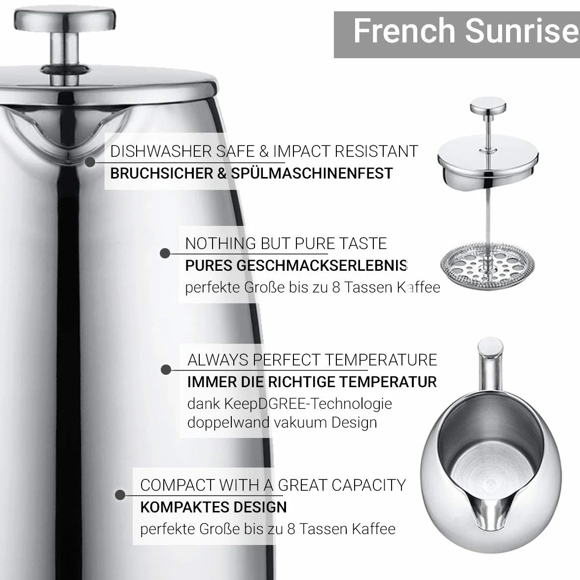 720°DGREE French Press "Sunrise" - izolowana kawiarnia z podwójnymi ściankami, premium ze stałym filtrem, na 4-8 filiżanek świeżo parzonej