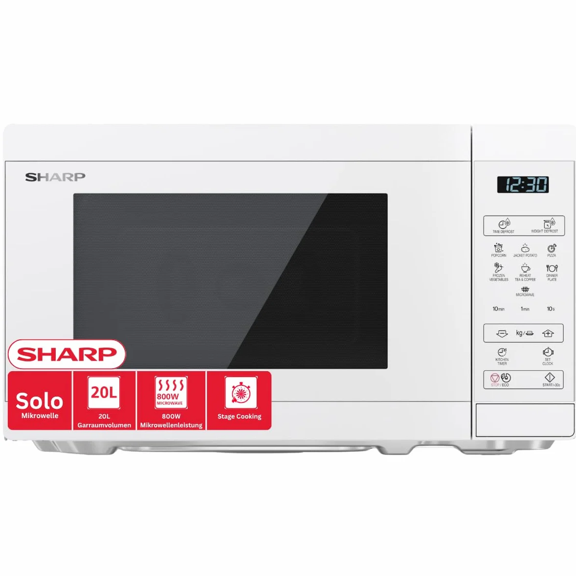 Sharp Kuchenka mikrofalowa YC-MS02E-C 20L, kryształowa biel, 800 W, sterowanie cyfrowe, 11 poziomów mocy, 8 programów, funkcja rozmrażania, tryb ECO, zabezpieczenie przed dziećmi