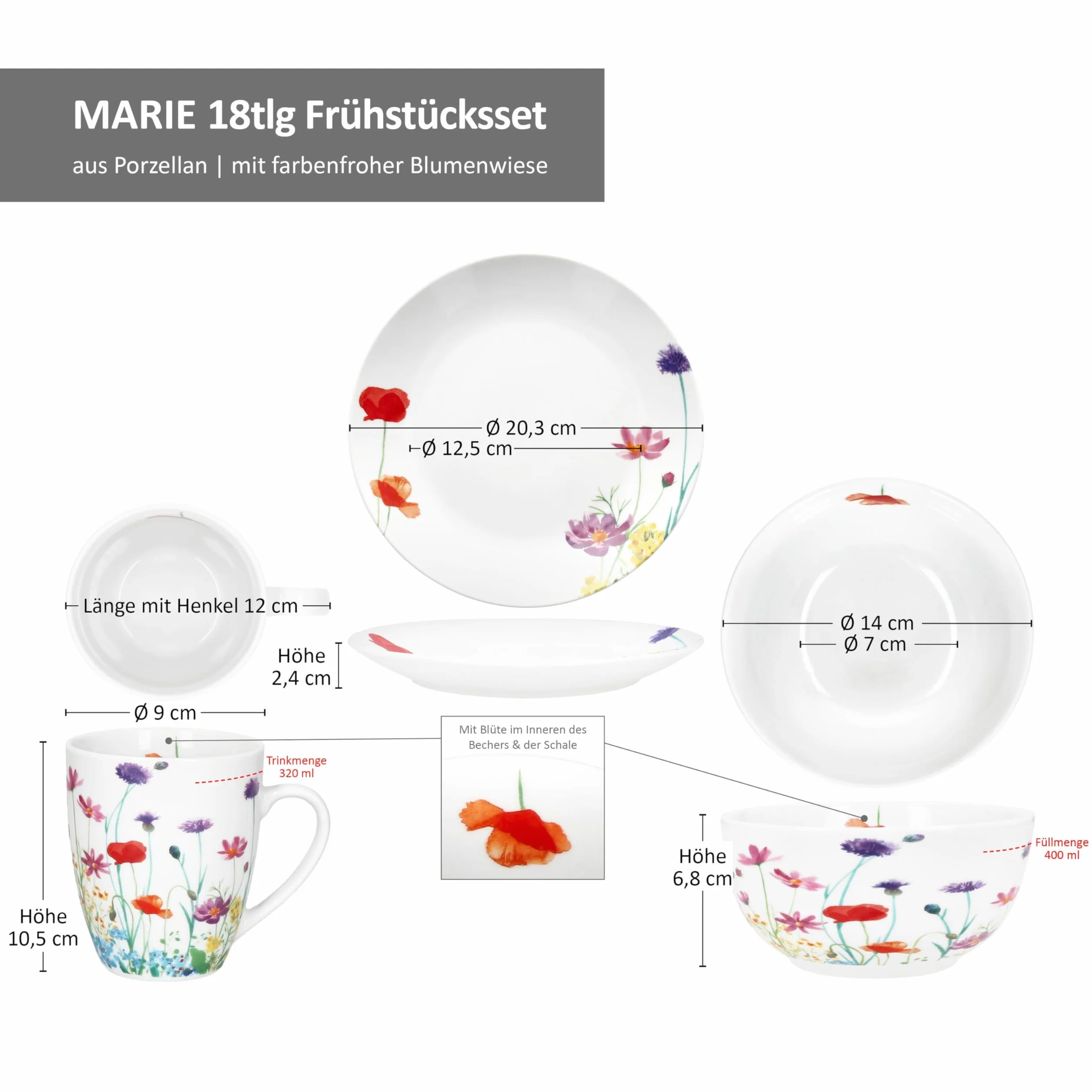 MamboCat Marie 18-częściowy zestaw śniadaniowy, porcelanowe naczynia z dekoracją łąki kwiatowej dla 6 osób, po 6 talerzy, miski 400 ml i kubki 320 ml, na śniadanie i kawę