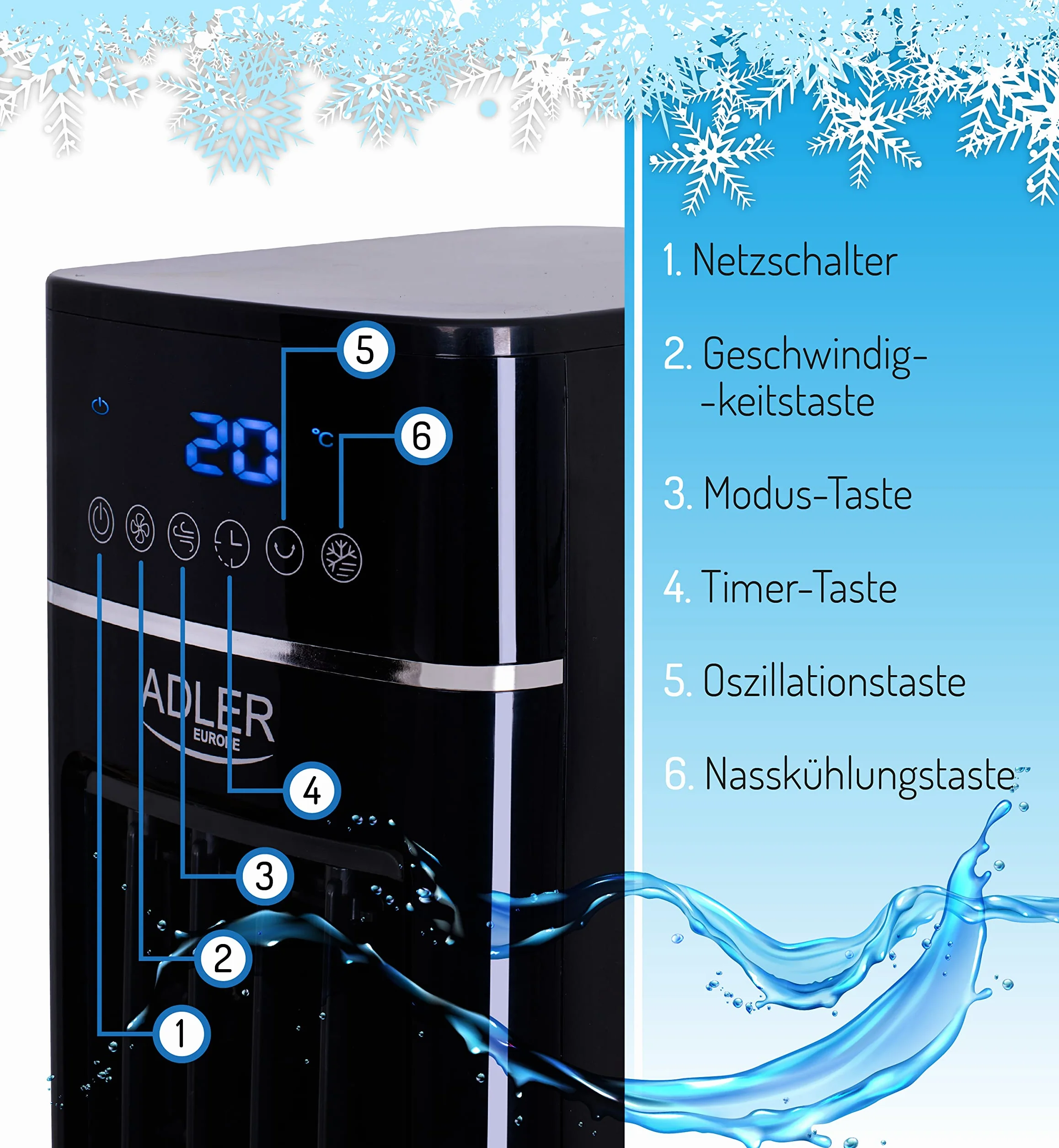 ADLER AD 7859 klimatyzator kolumnowy 3 w 1, 320 W, wentylator kolumnowy, klimatyzator kolumnowy z panelem dotykowym LCD, wentylator kolumnowy z 3 trybami pracy wentylatora