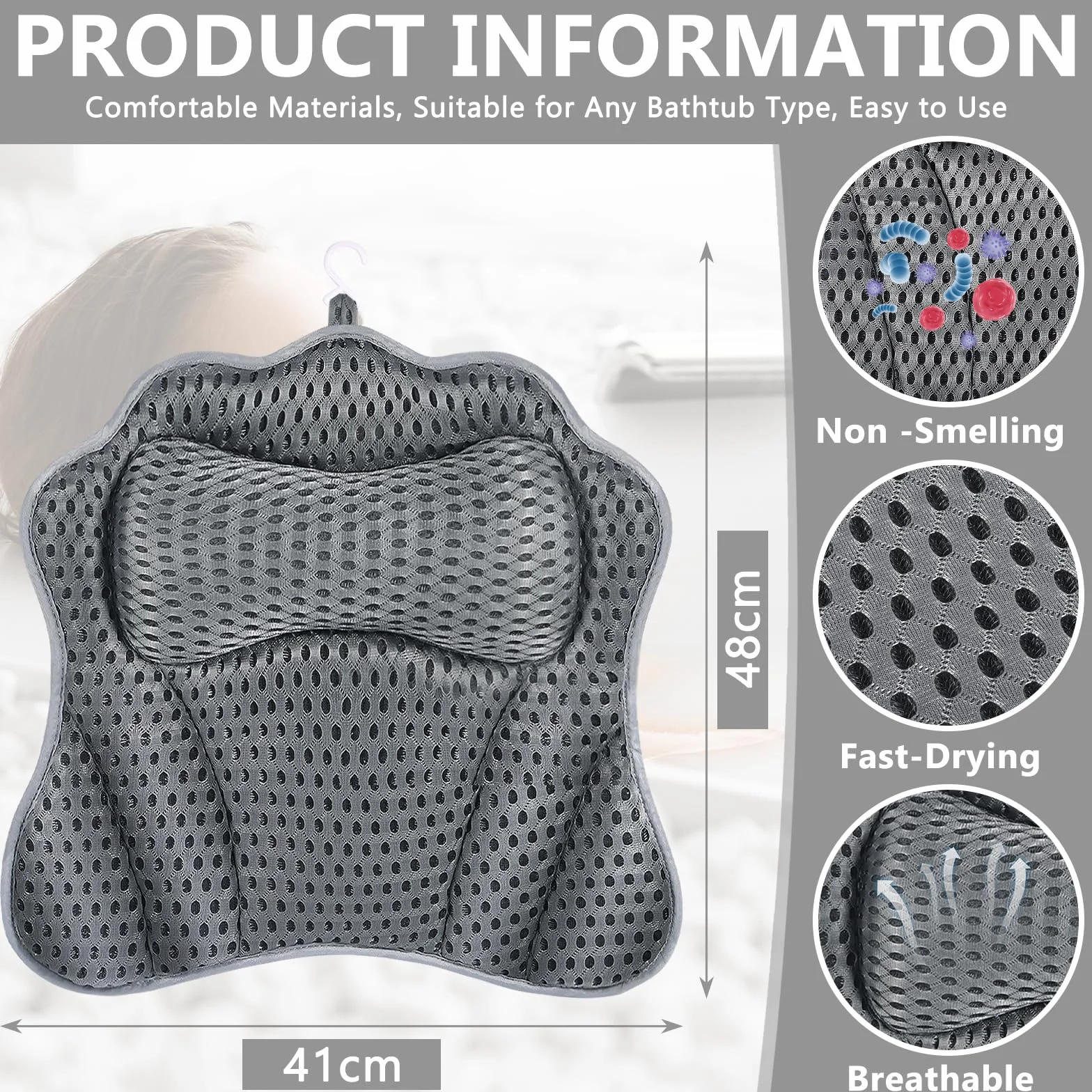 Poduszka do wanny z przyssawkami, poduszka do kąpieli jako poduszka pod kark i kark, z technologią 4D Air-Mesh, kark i plecy w wannie z 6 przyssawkami, poduszka do kąpieli spa, Szara