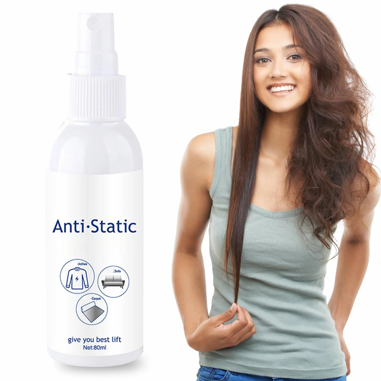 Antystatyczny spray, 80 ml, antystatyczny odświeżacz materiału, bezzapachowy płyn do płukania tkanin o natychmiastowym i długotrwałym działaniu, dla kobiet, mężczyzn i bielizny rodzinnej