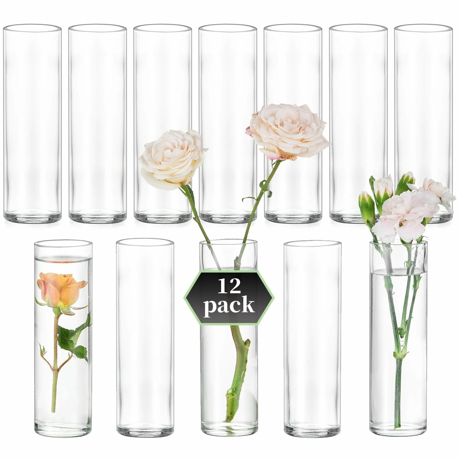 Glasseam Szklany wazon cylindryczny na centralny element: 12 szt. małych wazonów zestaw na dekoracje weselne dekoracja stołu do domu - nowoczesny przezroczysty wazon na kwiaty pojedyncza łodyga róża