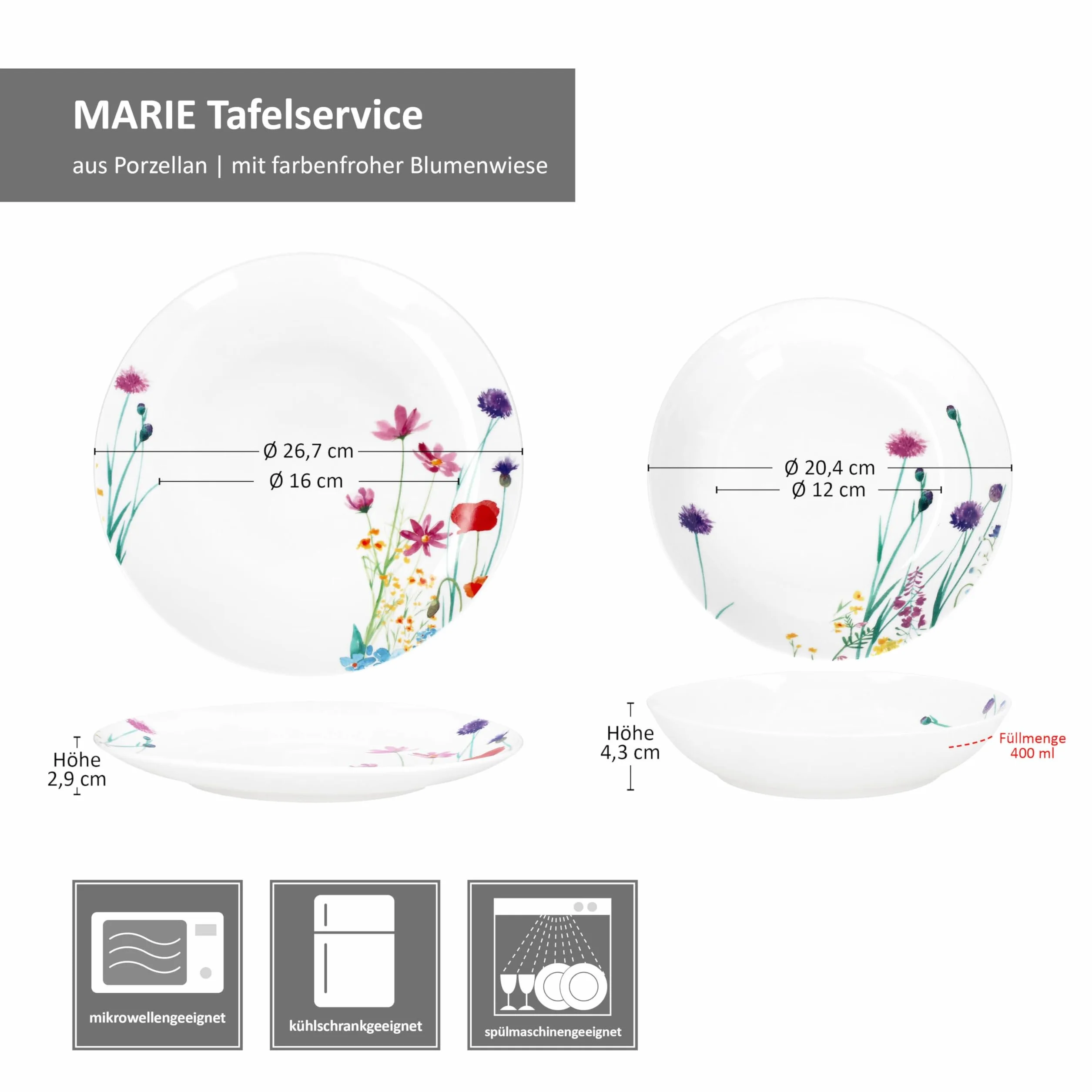 MamboCat Marie 12-częściowy zestaw obiadowy z porcelany, dekoracja łąki kwiatowej, dla 6 osób