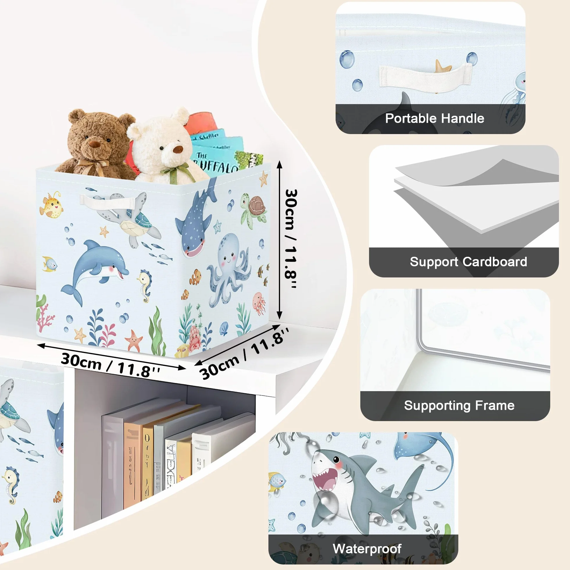 Clastyle 3 szt. Ocean Animals Cube Storage Box Składane pudełko Kallax na półki Rodzice Kosze do przechowywania na książki Ubrania Organizator Zabawek, Wieloryb, 30 x 30 x 30 cm