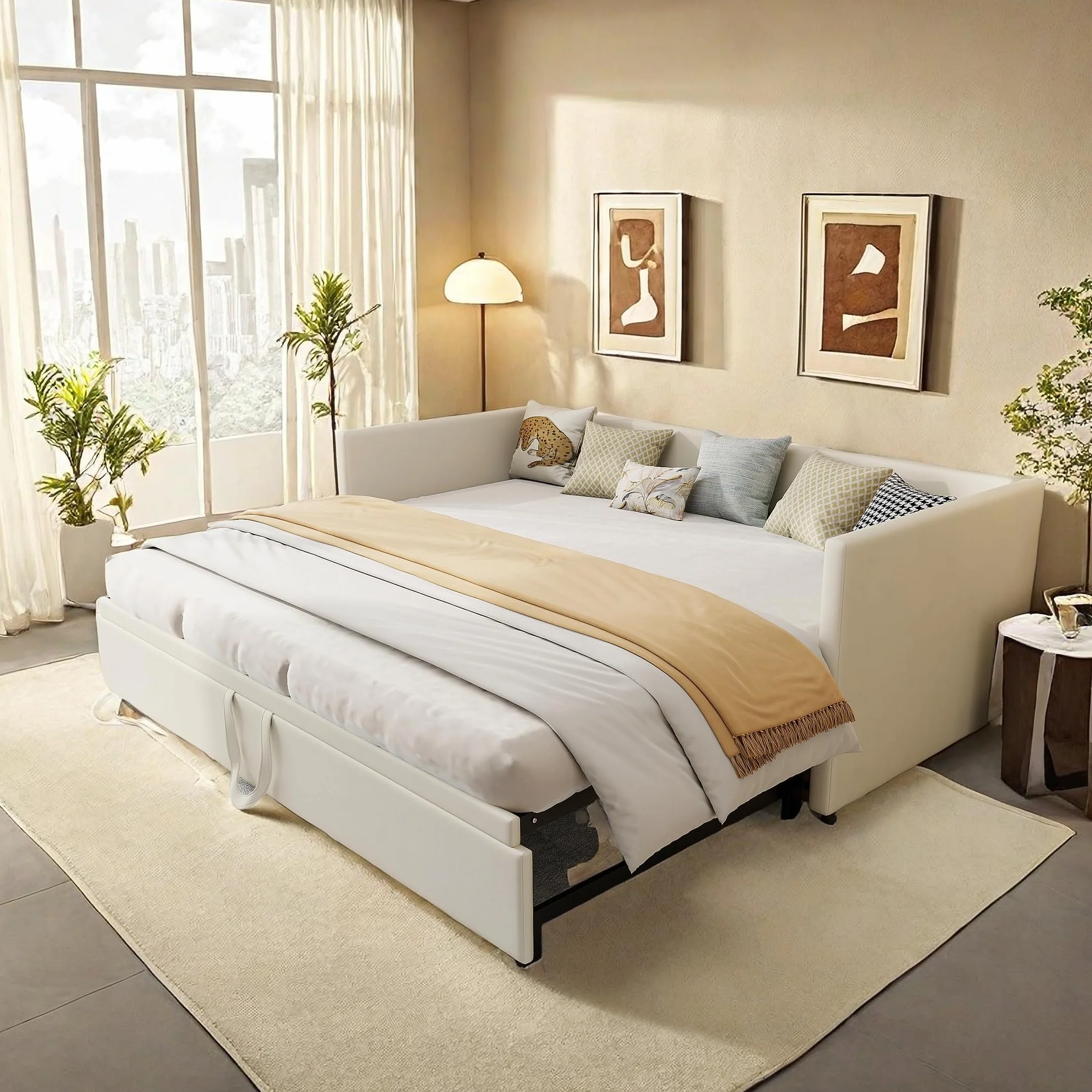 DULRLLY Aksamitna rozkładana sofa z łóżkami wysuwanymi, rozkładana sofa 2-osobowa, 90, 180 x 200 cm, ze stelażem listwowym, do salonu, mieszkania, beżowa