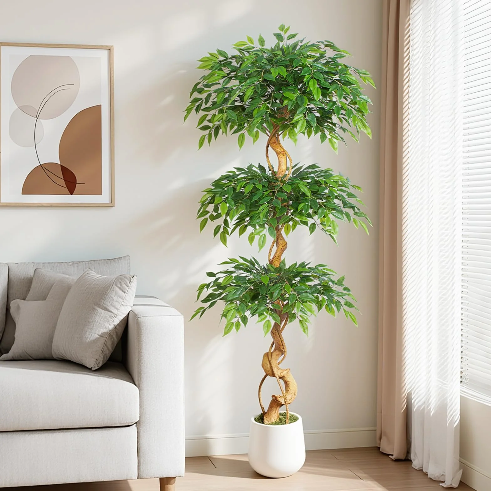 Sztuczna roślina Ficus, 180 cm, z białą doniczką, duże jak prawdziwe, z zakrzywionym pniem i 1860 liśćmi, sztuczne drzewo do dekoracji wnętrz, salonu, sypialni, biura, ogrodu, domu