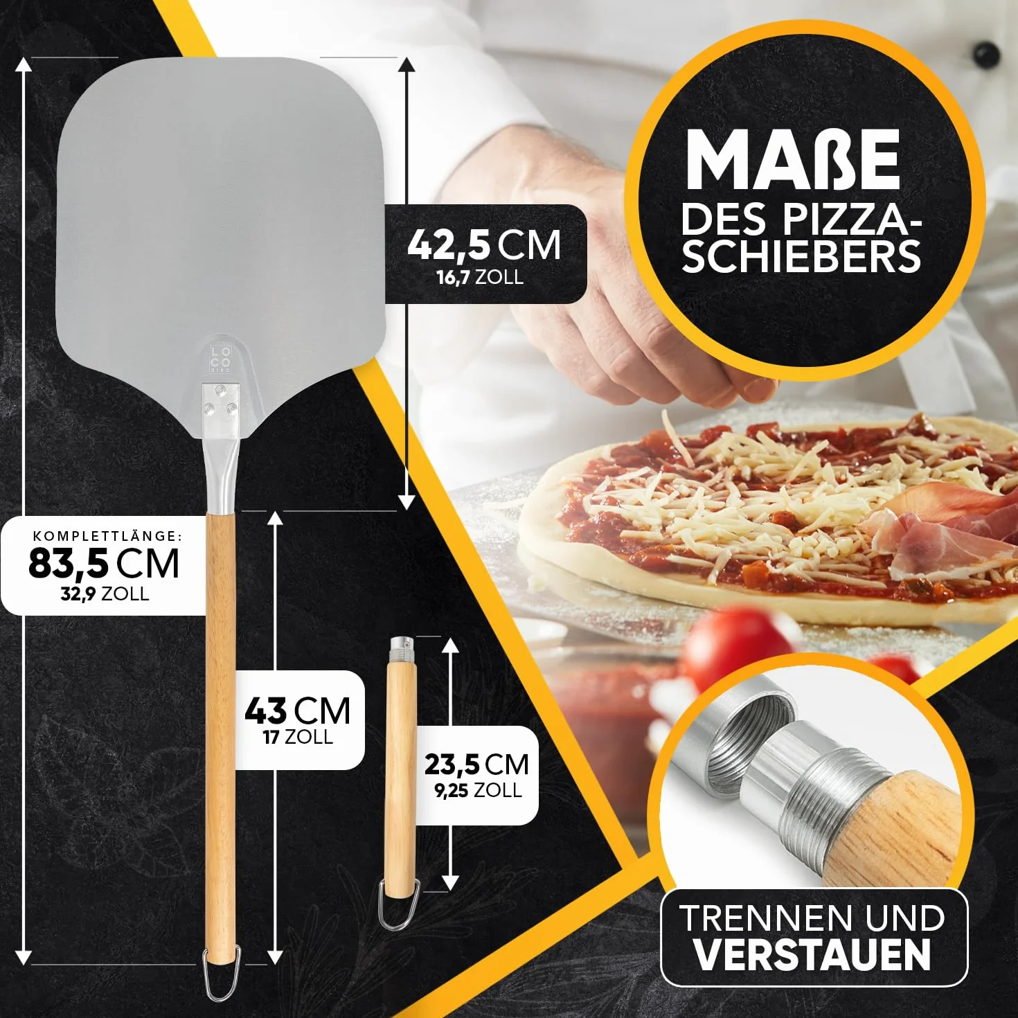 LOCO BIRD Łopatka do pizzy z dużą powierzchnią i zdejmowanym uchwytem – 30,5 cm x 30,5 cm łopatka do pizzy aluminiowa – w zestawie książka z przepisami