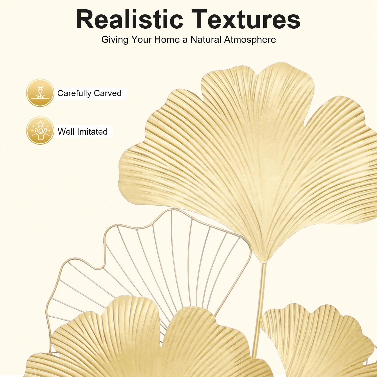 SanBouSi Ginkgo 3D, metalowa dekoracja ścienna, liście, dekoracja ścienna, tło ścienne, dekoracja ścienna do salonu, złota, 110 x 55 cm