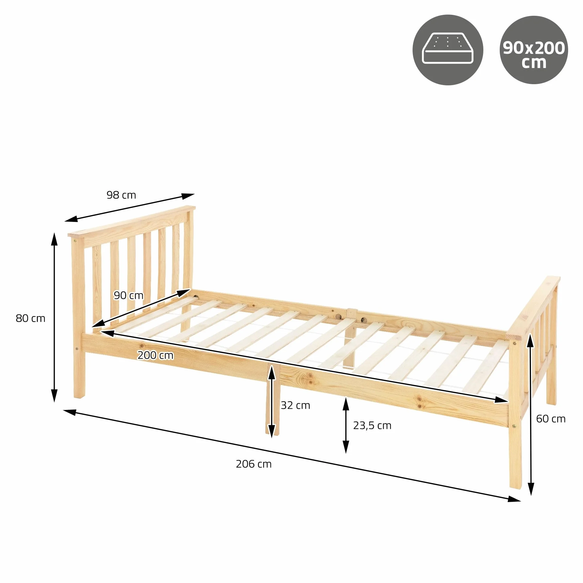 Łóżko drewniane ML-Design 90x200 cm Natural z materacem H:16cm, drewno sosnowe, lite drewno z listwową ramą i nogami, pojedyncze z wezgłowiem i podnóżkiem
