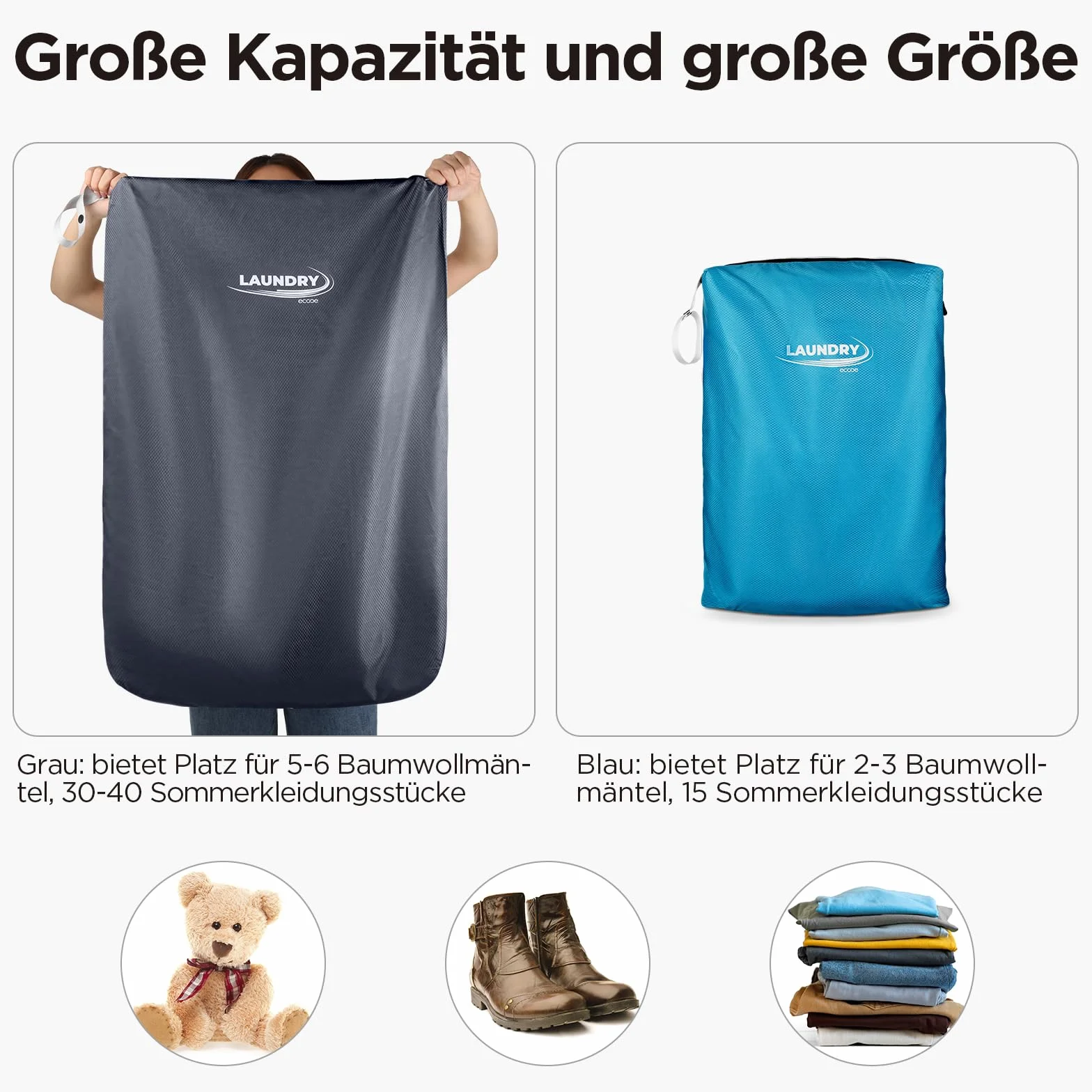 Ecooe Worek na pranie XXL, podróżny worek na pranie z zamkiem błyskawicznym, duży worek na pranie w podróży i na kemping, 2 sztuki w zestawie, dwa rozmiary (60 cm x 90 cm i 50 cm x 65 cm)