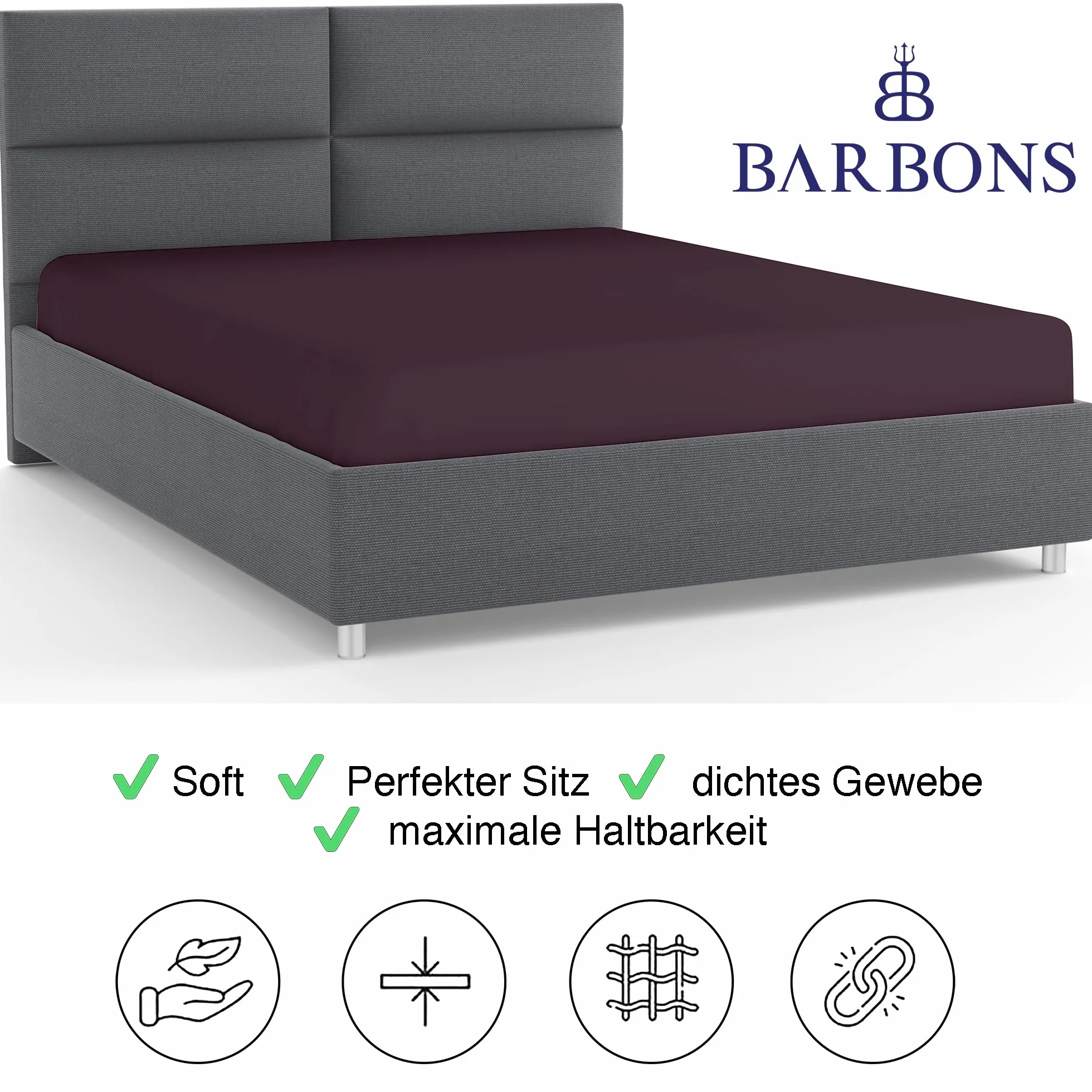 BARBONS Prześcieradło z gumką 90 x 200 cm 100% bawełna Jersey Oeko-TEX, wysokość materaca do 27 cm, bakłażan