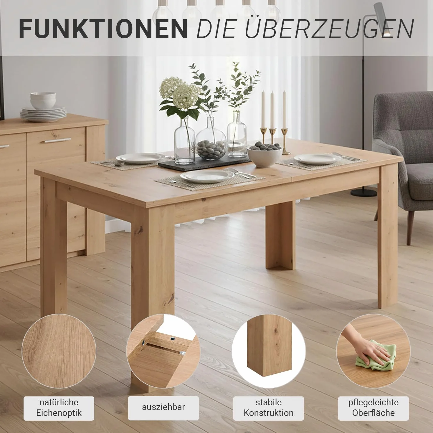 Homestyle4u Rozsuwany stół drewniany 120 x 80 cm, dąb, nowoczesny stół do jadalni i kuchni, z możliwością przedłużenia do 160 cm – dla maksymalnie 6 osób.