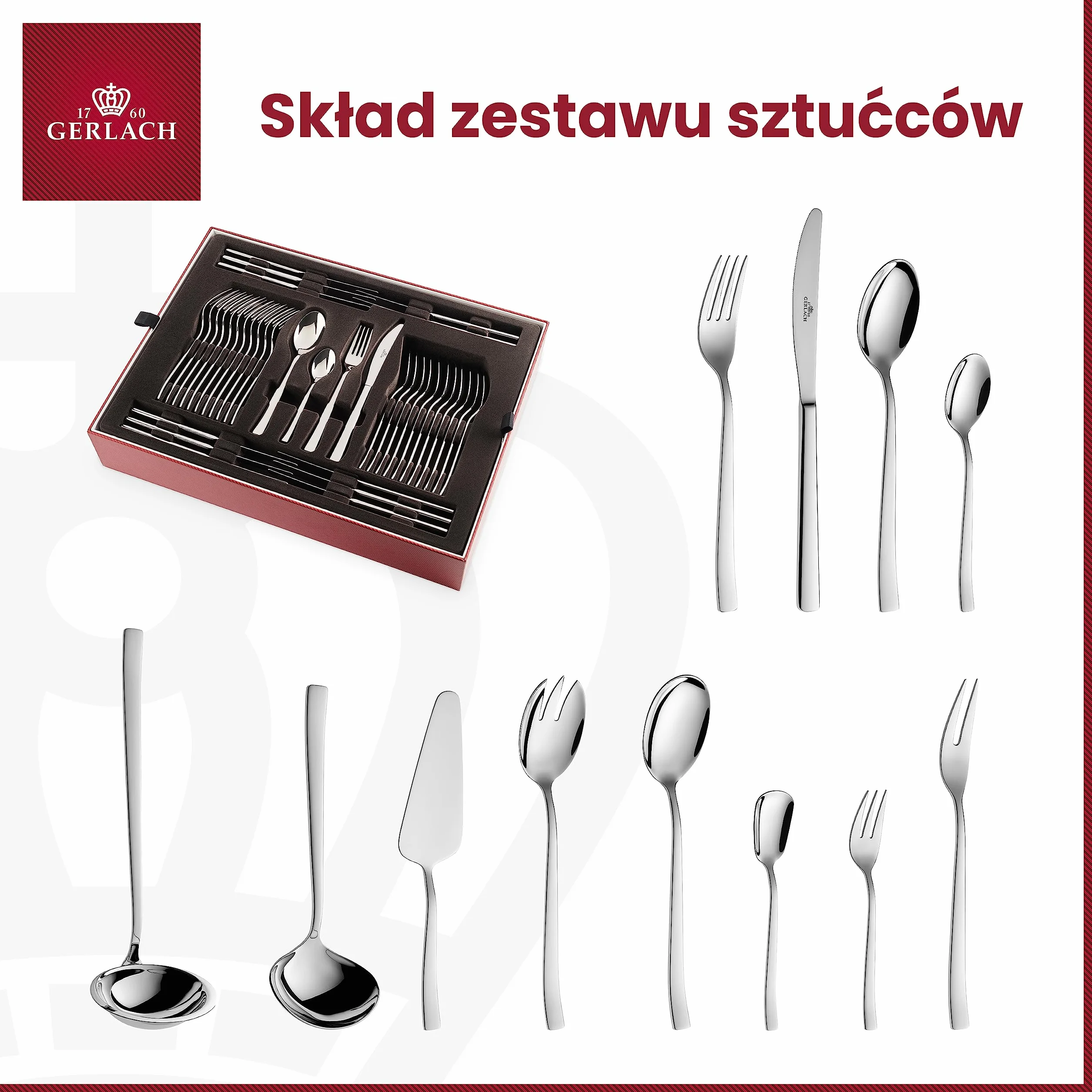 Gerlach Onda Zestaw Sztućców Ze Stali Szlachetnej Nierdzewnej Dla 12 Osób Komplet Łyżka Widelec Nóż Obiadowy Łyżeczka Do Mycia W Zmywarce Połysk 68 Elementów