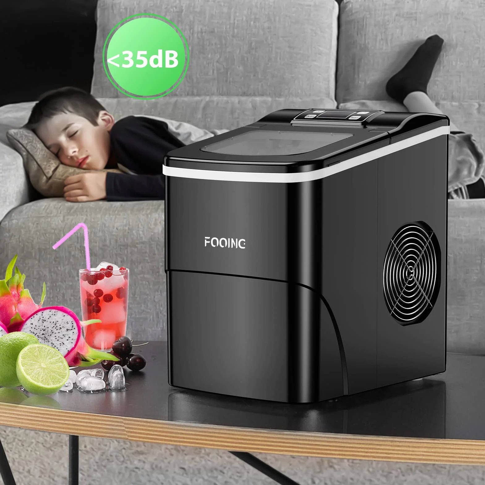 Kostkarka do lodu FOOING Ice Maker kostki lodu gotowe w 6 minut, 2 l, z łopatką do lodu i koszem, wyświetlaczem LED, do domowego baru