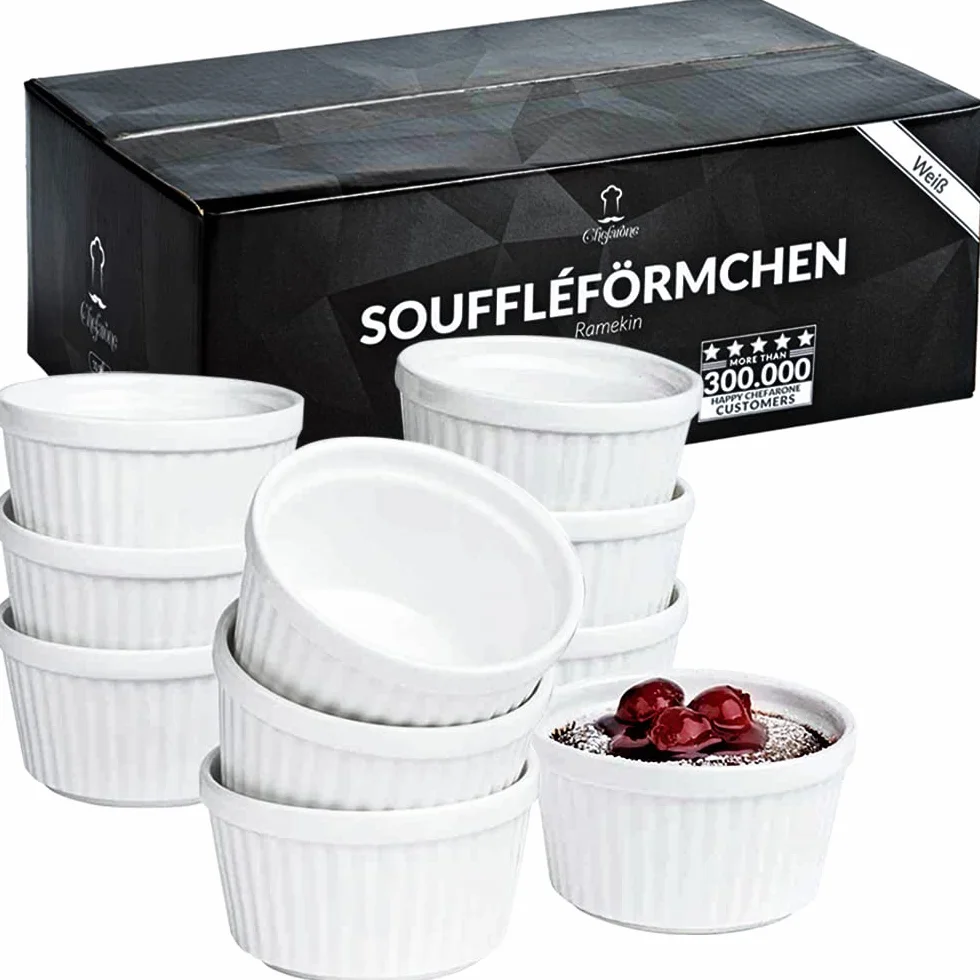 Chefarone Zestaw 10 Foremek Soufflé 200 ml – Ceramiczne Miseczki do Kremu Brulee, Pieczenia i Zapiekania, Do Mycia w Zmywarce, Białe (9 x 7,5 x 5 cm)