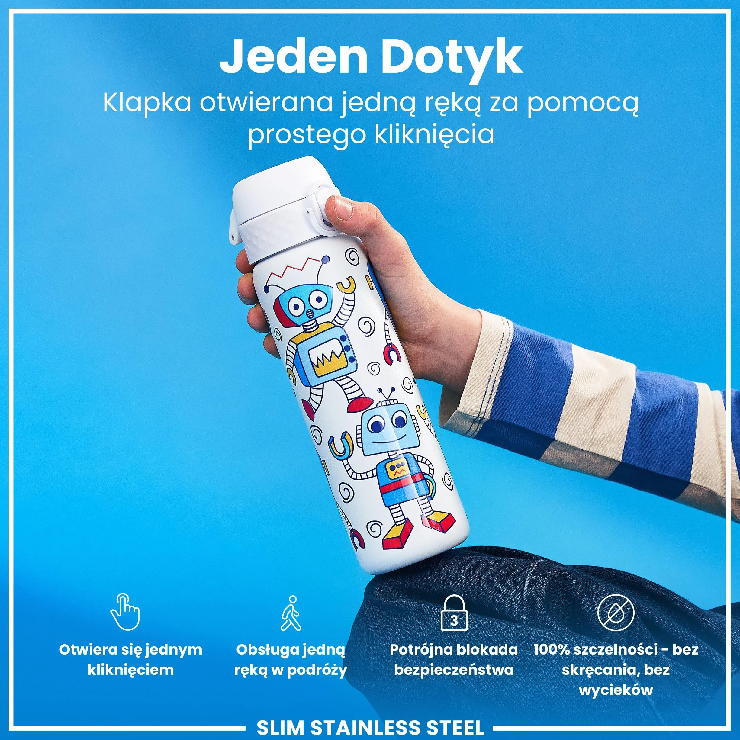 ION8 Butelka na Wodę ze Lekki Stali, 600 ml/20 oz, Nieocieplany, Szczelna, Łatwe Otwieranie, Bezpieczny Zamek, Można Myć w Zmywarce, Higieniczne Pokrycie, Składany Uchwyt, Roboty