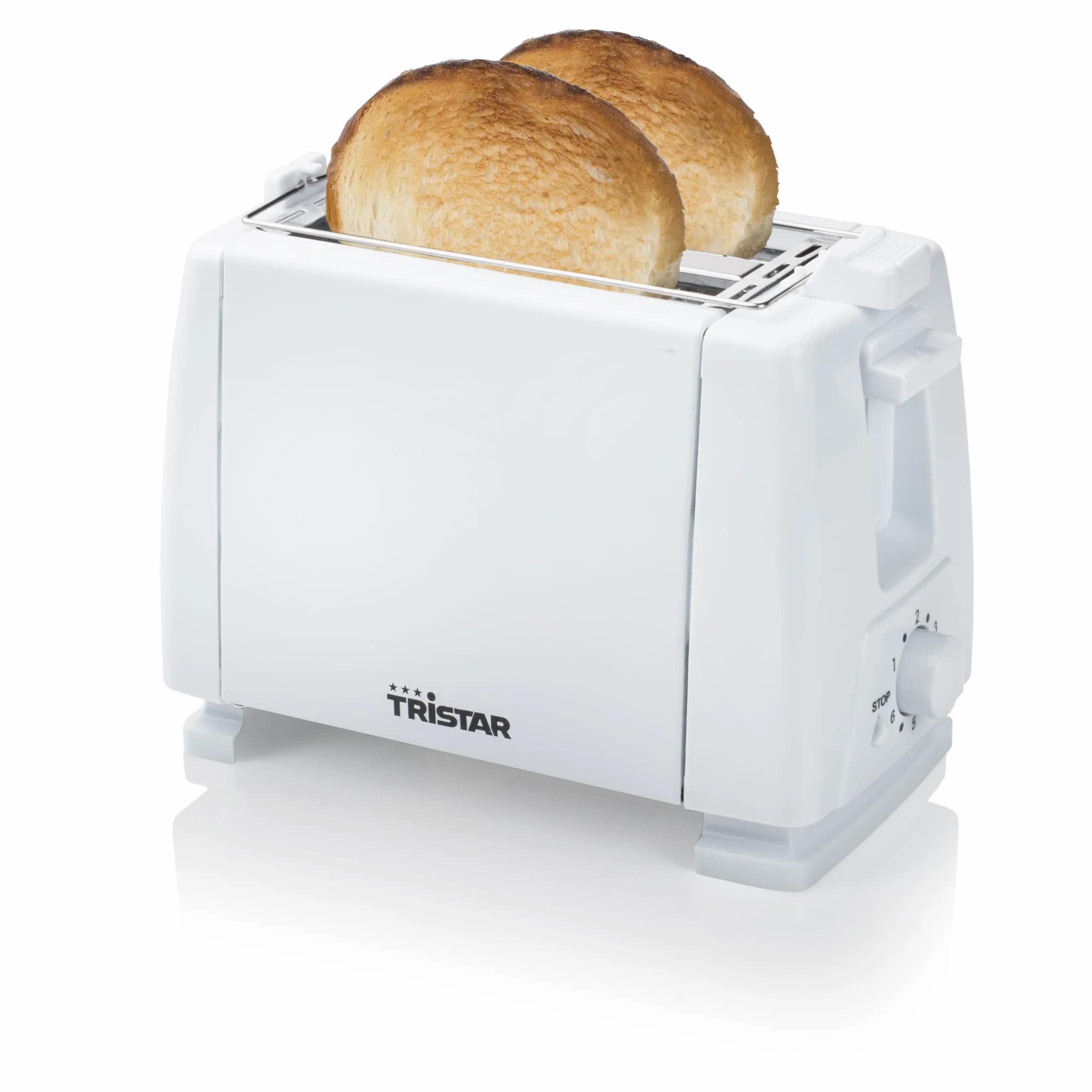 Tristar BR-1009 toster, 650 W, na 2 kromki tostów, 2 krótkie szczeliny, 6 poziomów opiekania i funkcja podgrzewania bułek – biały