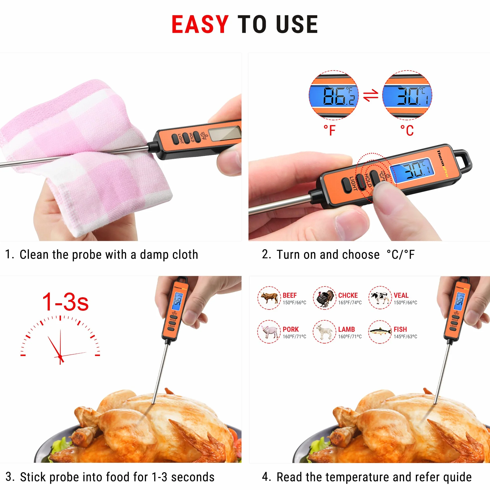 ThermoPro TP01S cyfrowy termometr do mięsa, termometr do grilla, termometr do pieczenia, termometr kuchenny, natychmiastowy odczyt, z długą sondą do pieczenia, grilla, grilla typu smoker