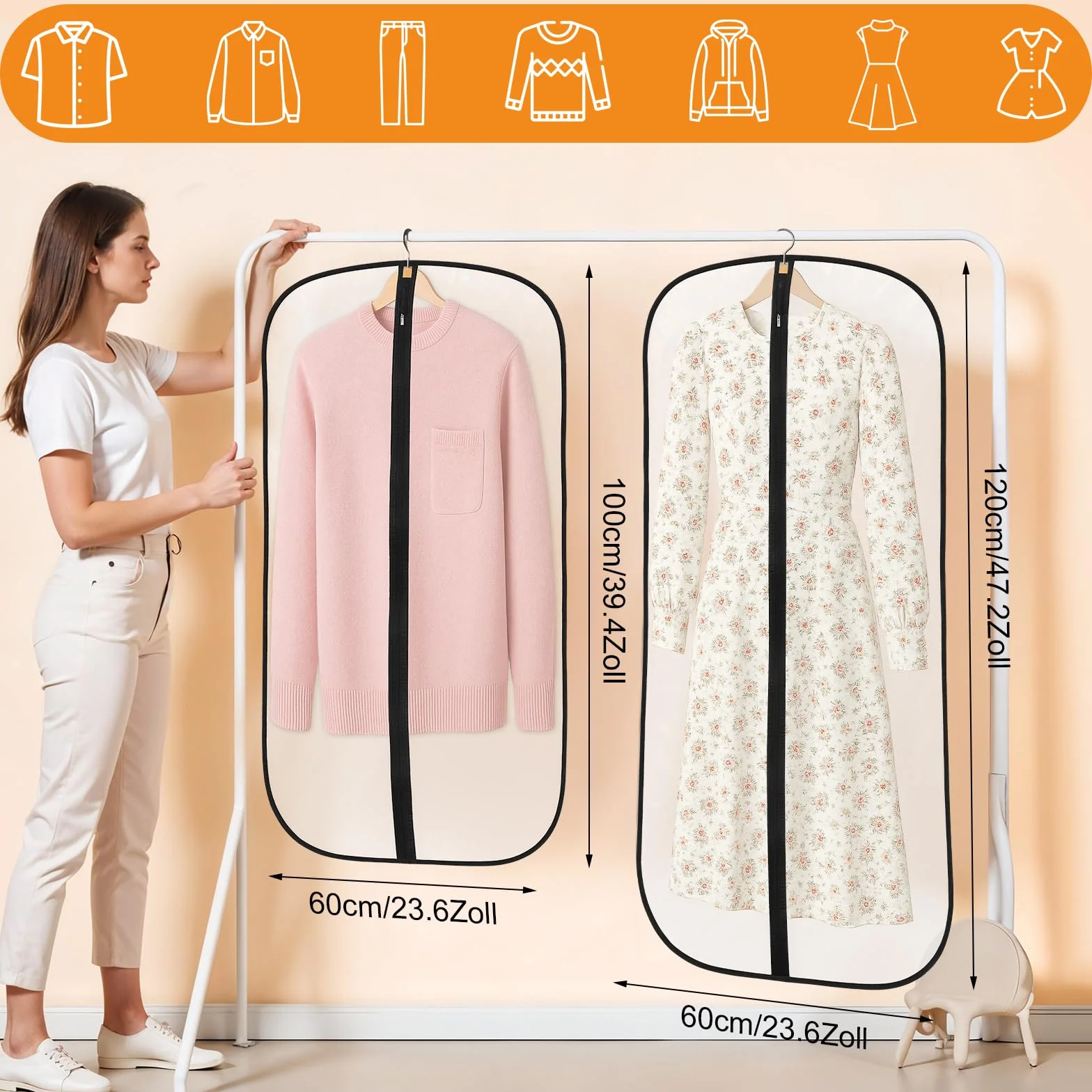 Dntorx 12 sztuk worków na ubrania, 120/100 x 60 cm, PEVA, przezroczyste pokrowce ochronne na ubrania z zamkiem błyskawicznym, do ochrony garnituru, koszuli, sukienek, płaszczy, 12 sztuk