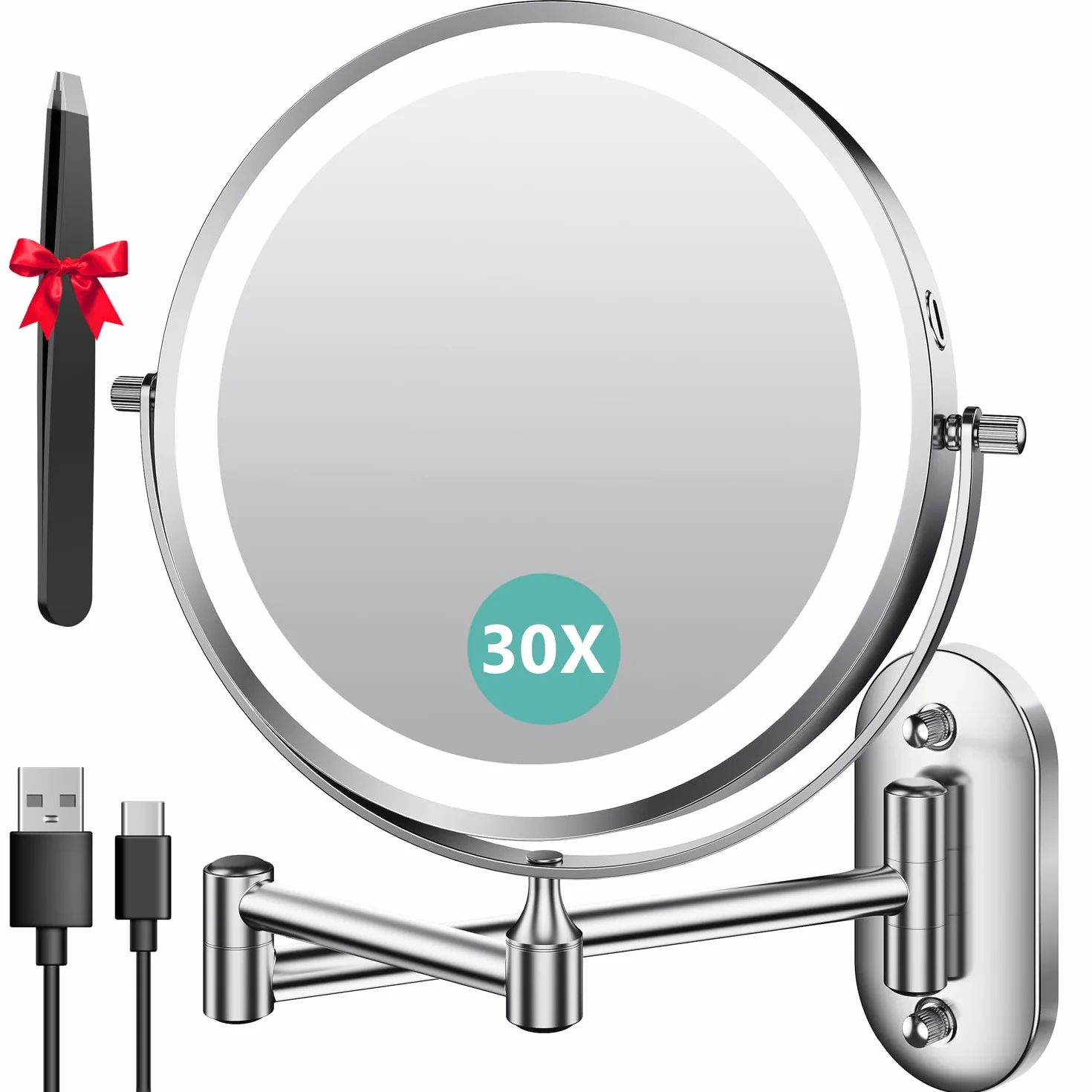 Podświetlane lusterko kosmetyczne Auxmir, lusterko do makijażu z akumulatorem 1X/30X, lusterko do golenia naścienne o pojemności 3200 mAh, ściemnialne lusterko powiększające z 3 kolorami światła, obro