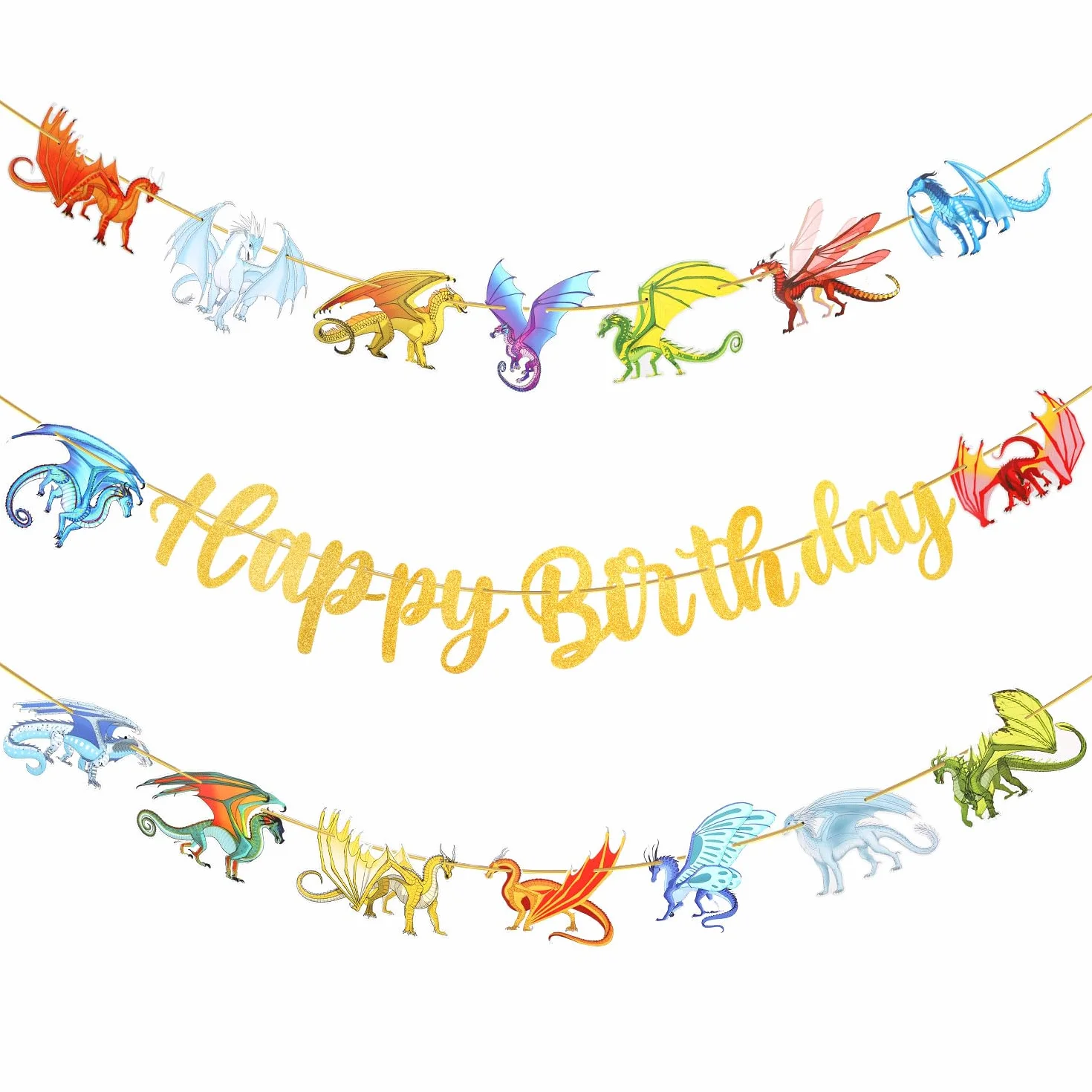 Baner Urodzinowy Dragon Happy Birthday Banner, Zólta Czcionka Dekoracje Urodzinowe Dragon Sznurek Wiszacy Baner Urodzinowy Dragon na Impreze Tematyczna Dragon i Akcesoria na Baby Shower