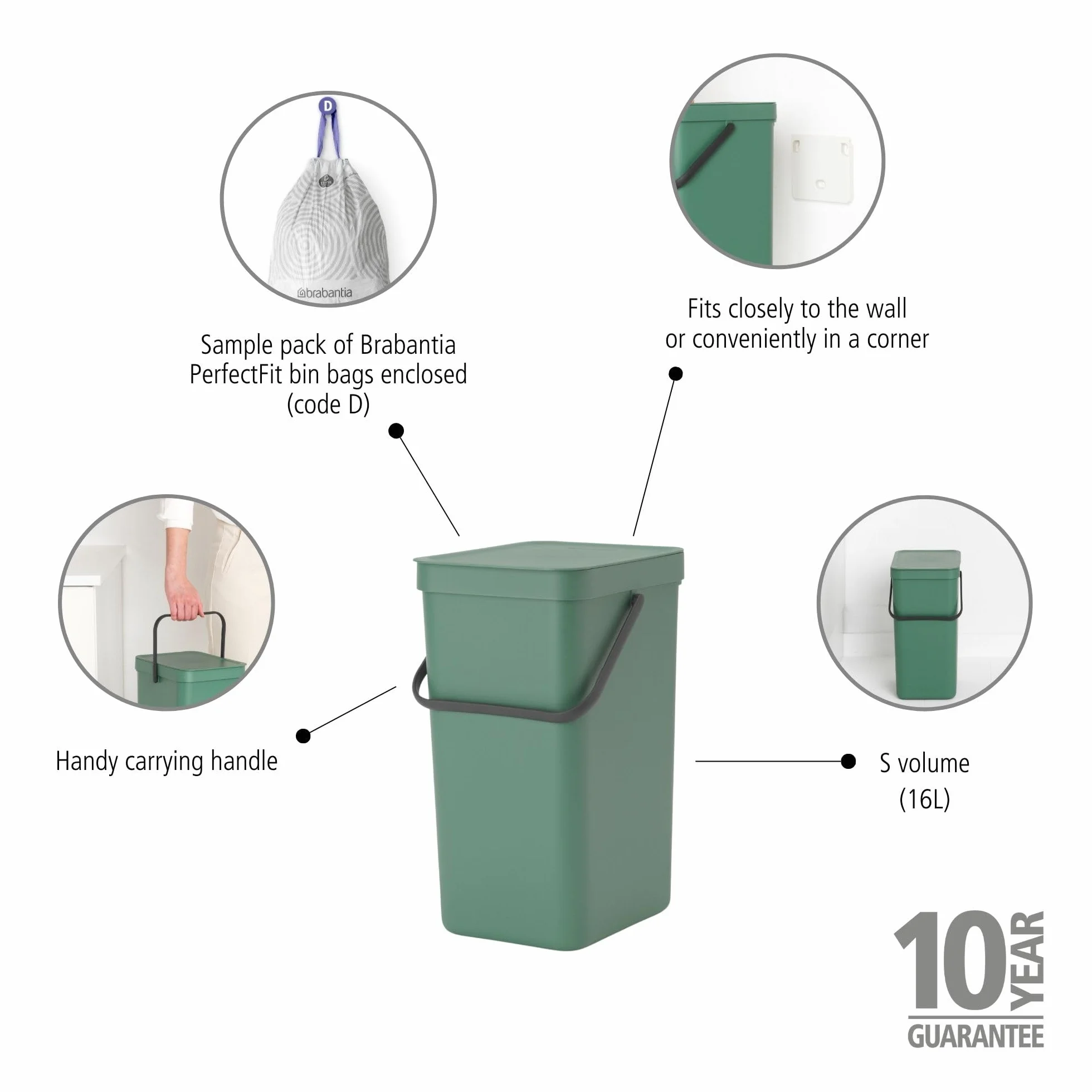 Brabantia Sort & Go Kosz na Śmieci 16 l Zieleń Jodłowa z Uchwytem i Pokrywą Stay Open