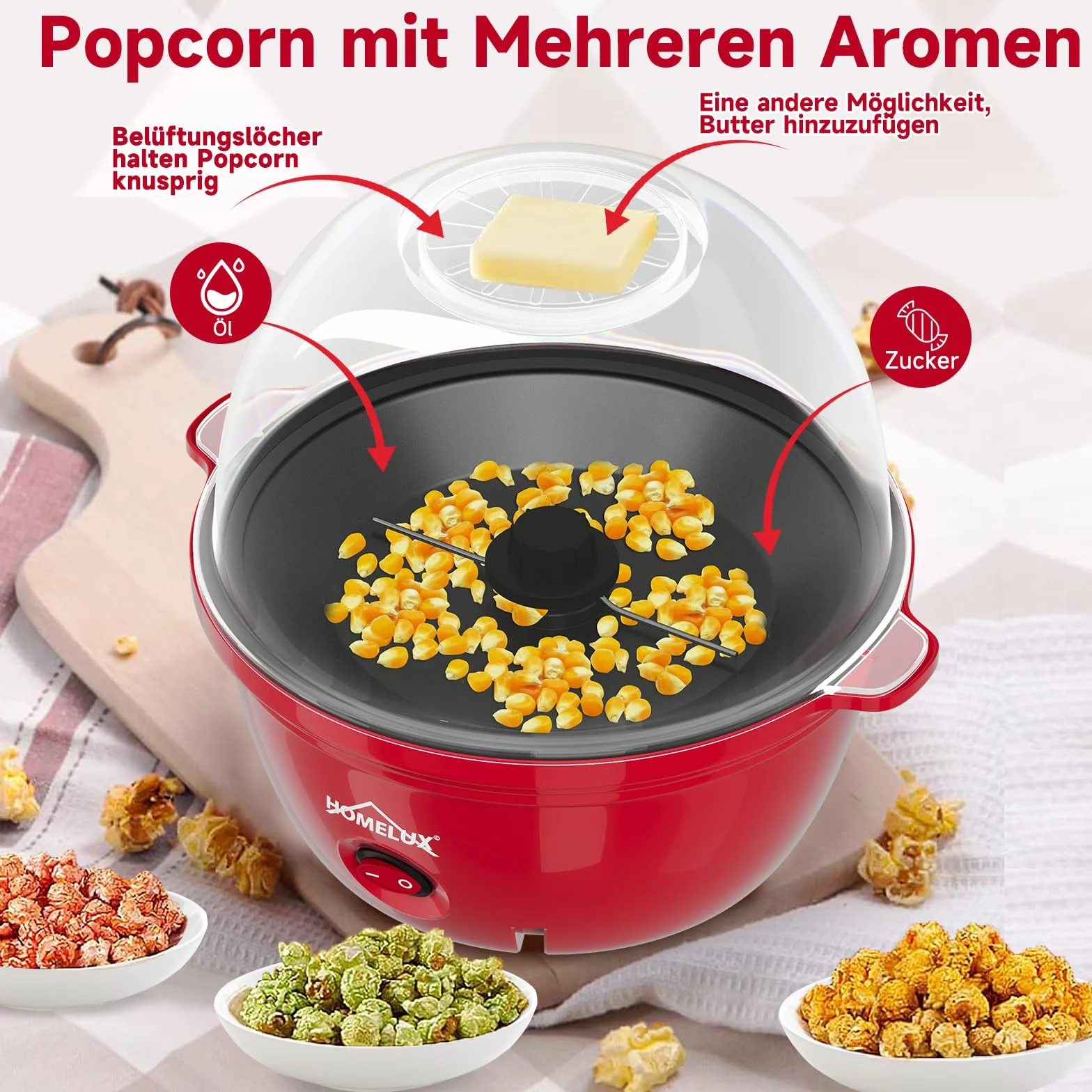 HOMELUX Maszyna do popcornu 450 W, z miarką z powłoką zapobiegającą przywieraniu, do domu, na imprezę, dla dzieci, pokrywka jako miska do serwowania, cicha i szybka czerwień