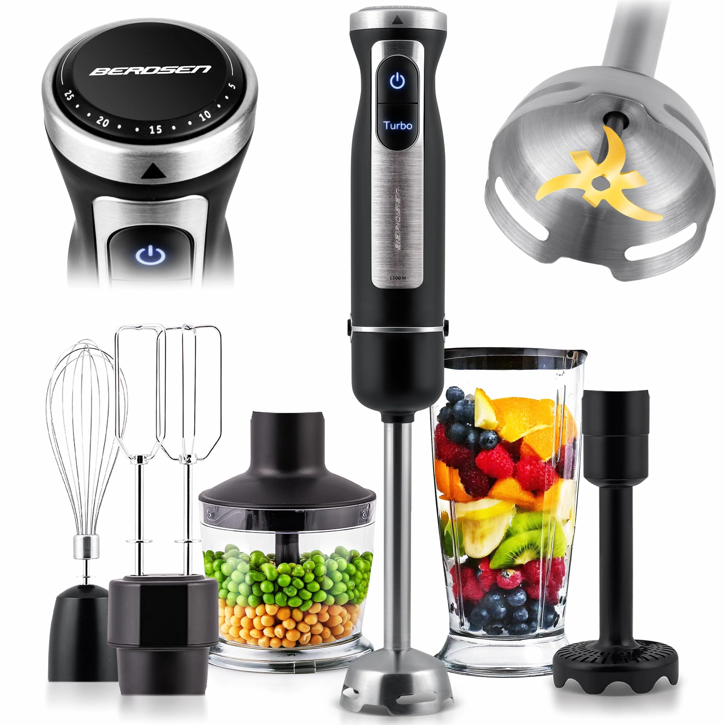 Berdsen Blender Ręczny 1500W Wielofunkcyjny 800 ml Stal Tworzywo Sztuczne Czarno-Szary
