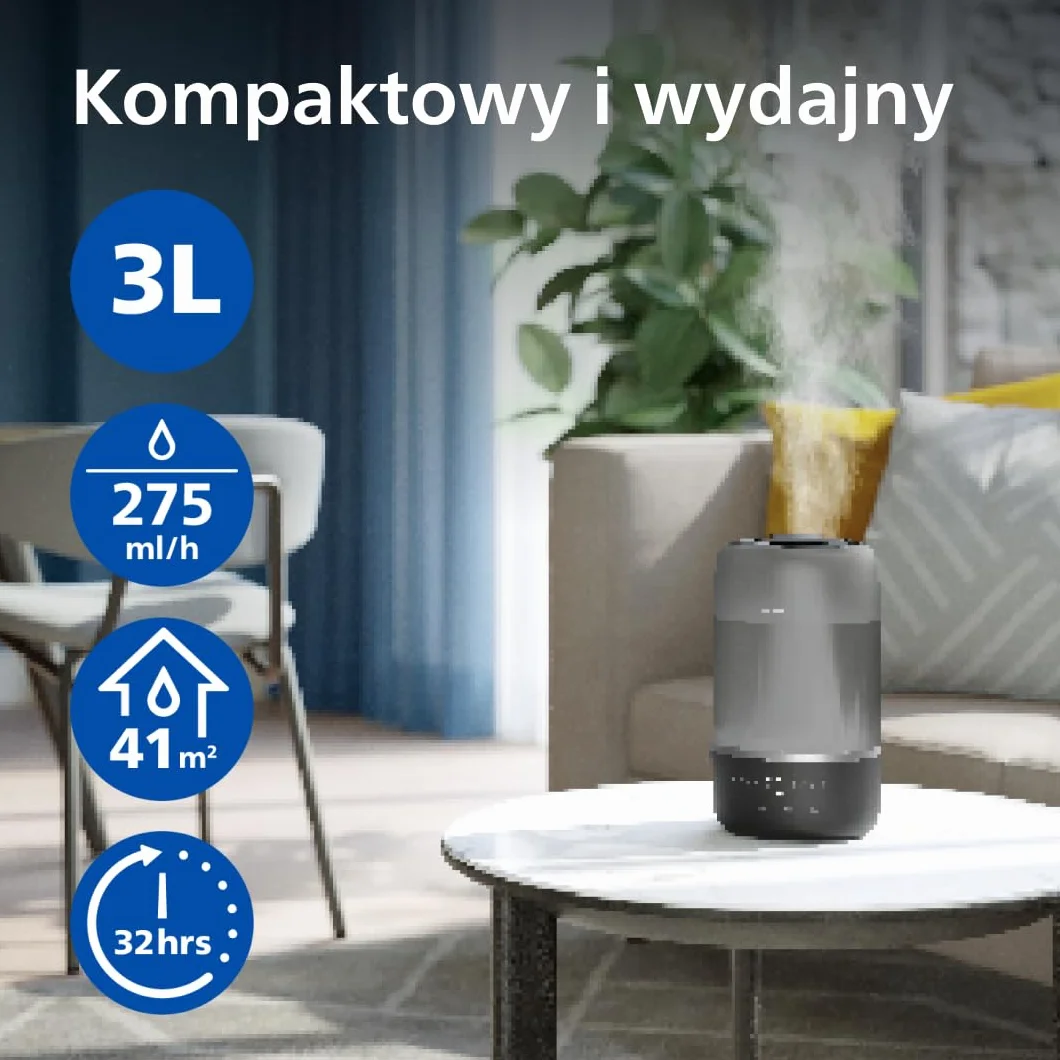 Philips Inteligentny nawilżacz, kompaktowy i mocny, z mgiełką Sky High, czas pracy do 32 godzin, aromaterapia, cichy, z ustawieniem snu i lampką nocną, do pomieszczeń o powierzchni do 41m² (HU1510/03)