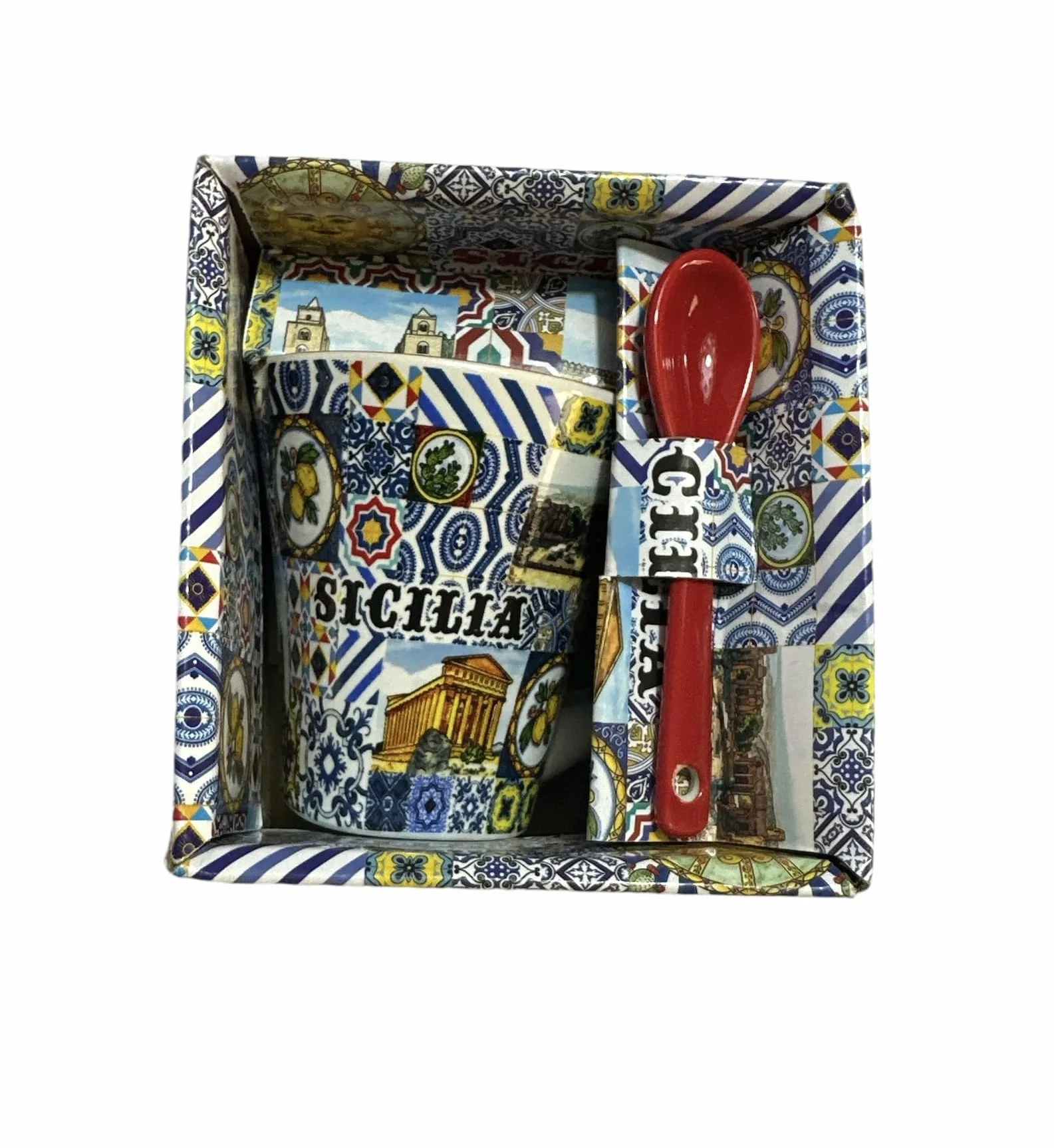Sycylia Filiżanka do kawy z ceramiką / łyżeczką, ozdobiona filiżanką SOUVENIR, C/DECORO, 7 cm - H, pojemność 70 ml