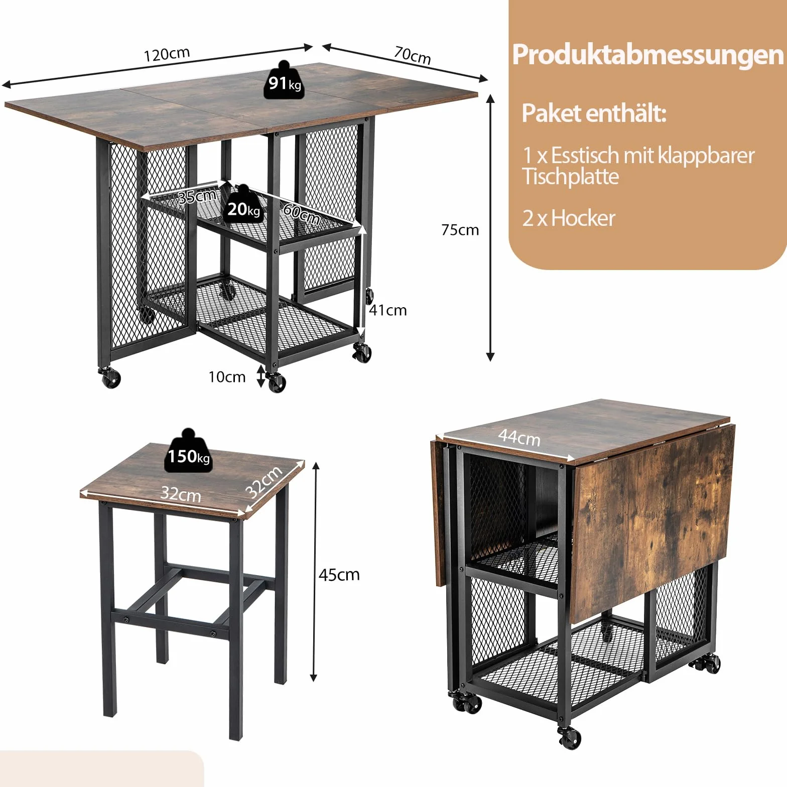 COSTWAY 3-częściowy zestaw do jadalni, składany stół kuchenny na kółkach, z 2 taboretami i 2 półkami, stół kuchenny, zestaw do jadalni, wysuwany do małych pomieszczeń