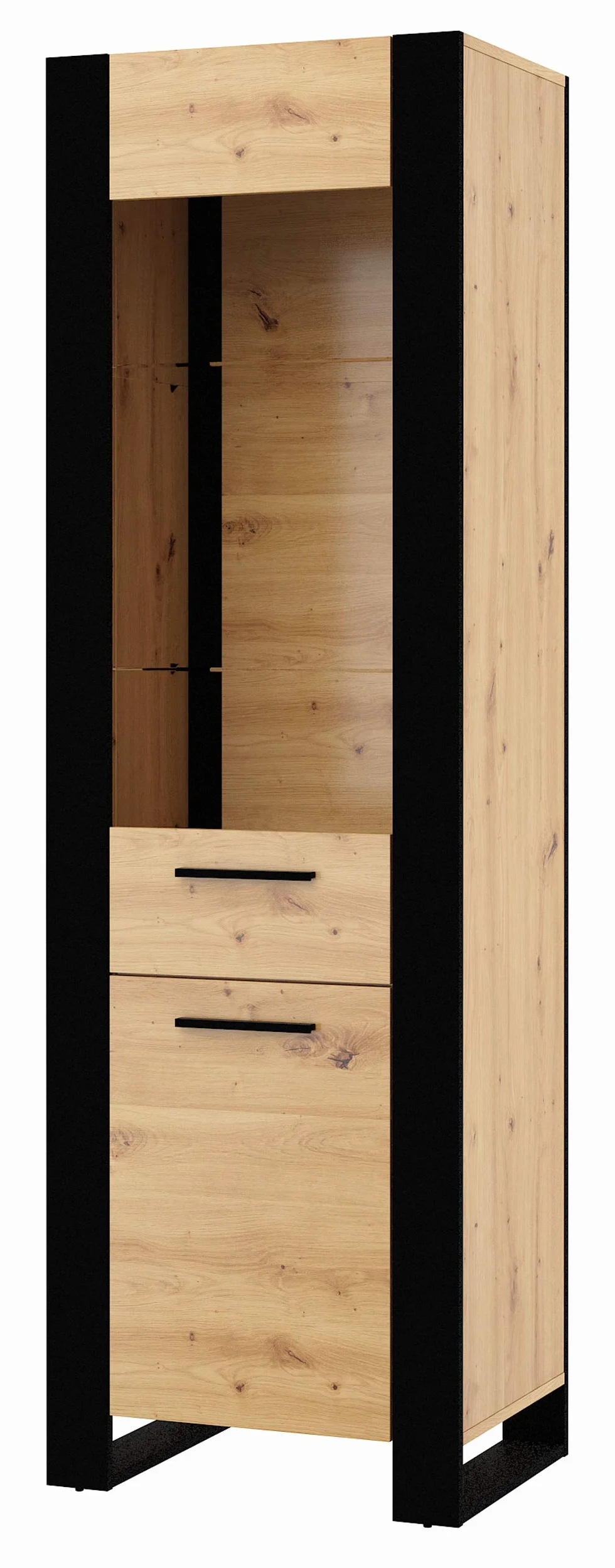 Witryna Nuka E 58 cm – dąb artisan czarna, nowoczesna szafka stojąca do salonu i jadalni, przeszklony mebel ekspozycyjny do przechowywania, kolekcja Nuka
